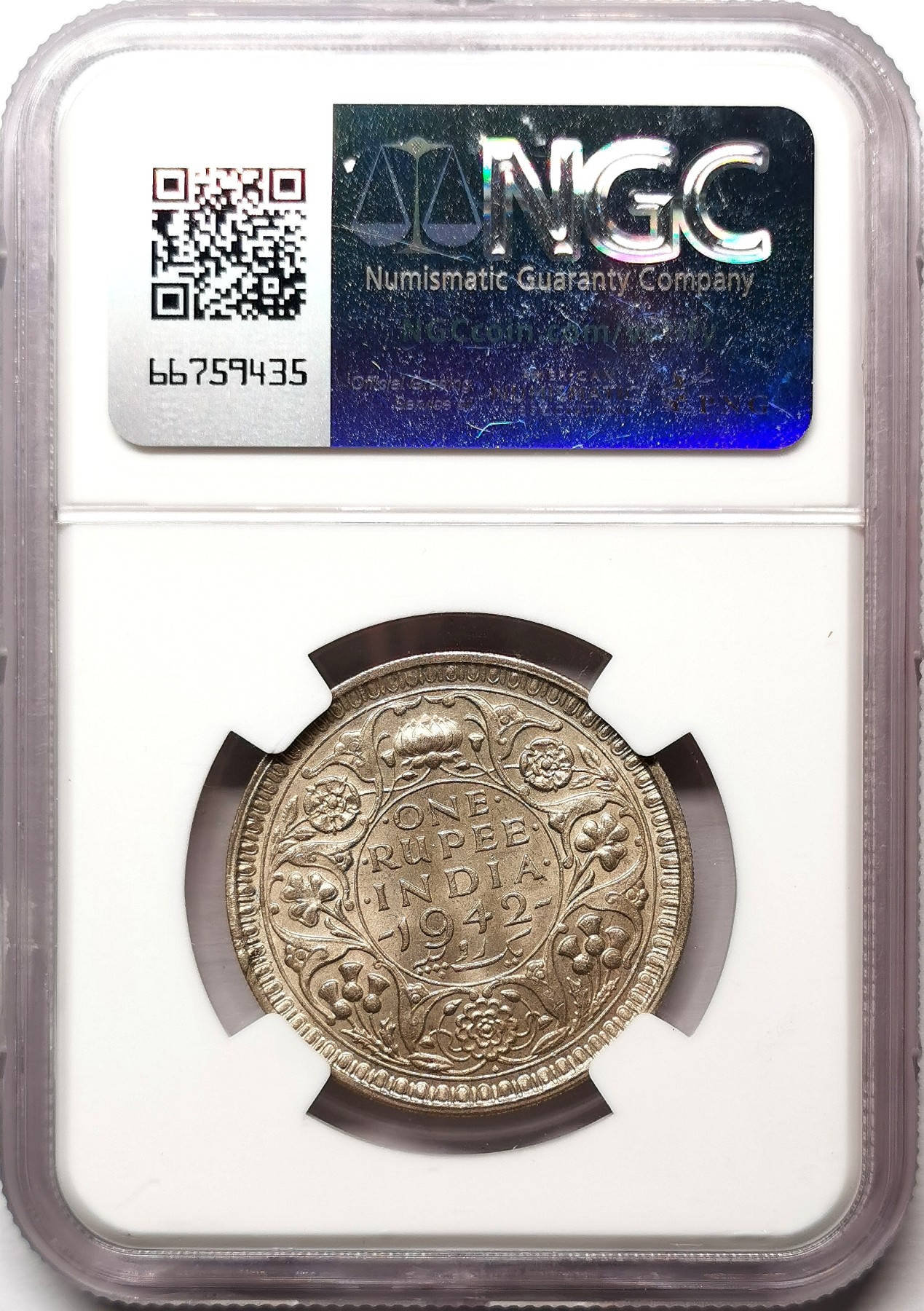 凡希社世界钱币微拍第二百六十七期 1942英属印度乔六银卢比NGC-MS63