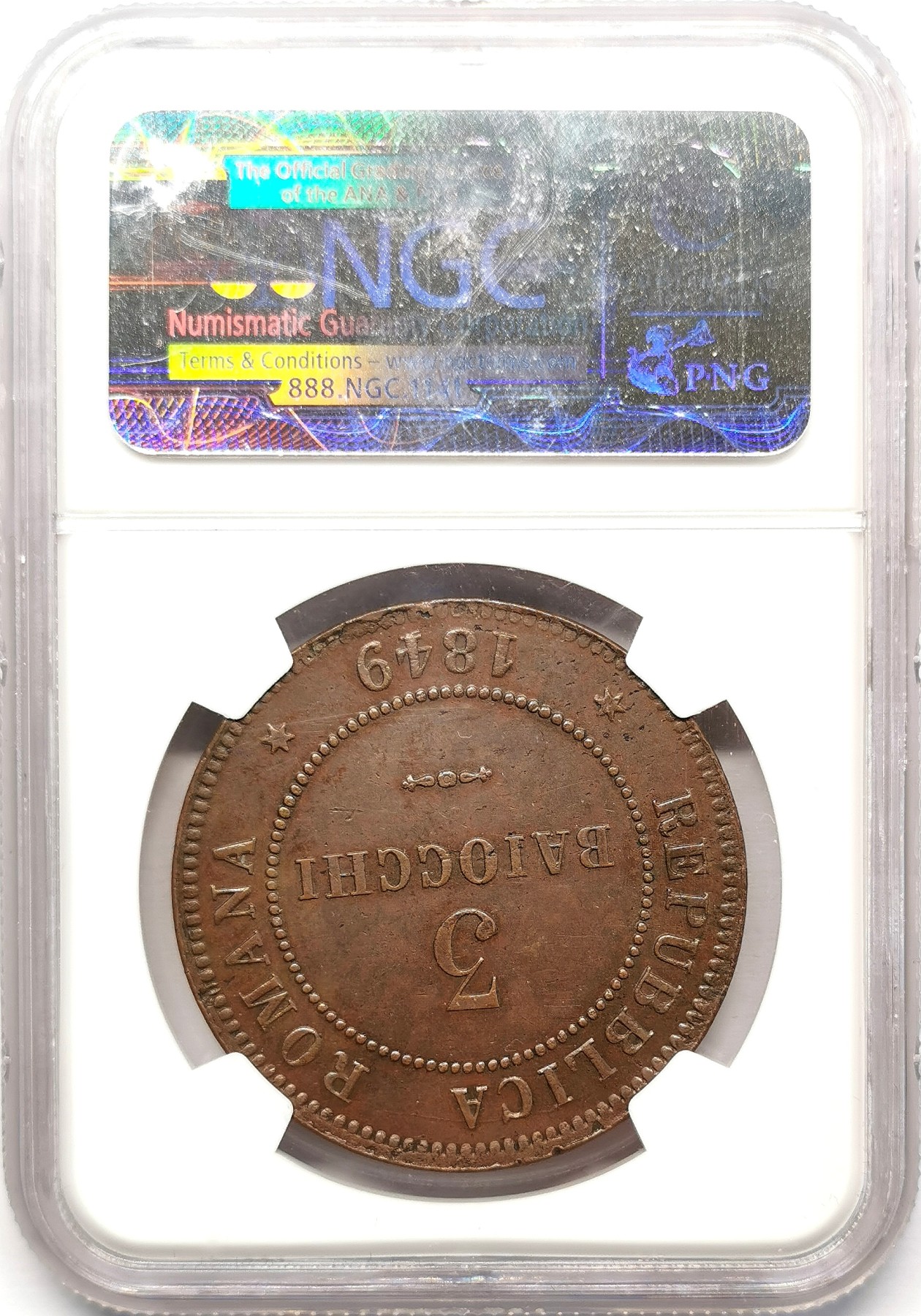 凡希社世界钱币微拍第二百六十七期 1849R罗马共和国3B大铜NGC-MS62，平头3，标签错误。