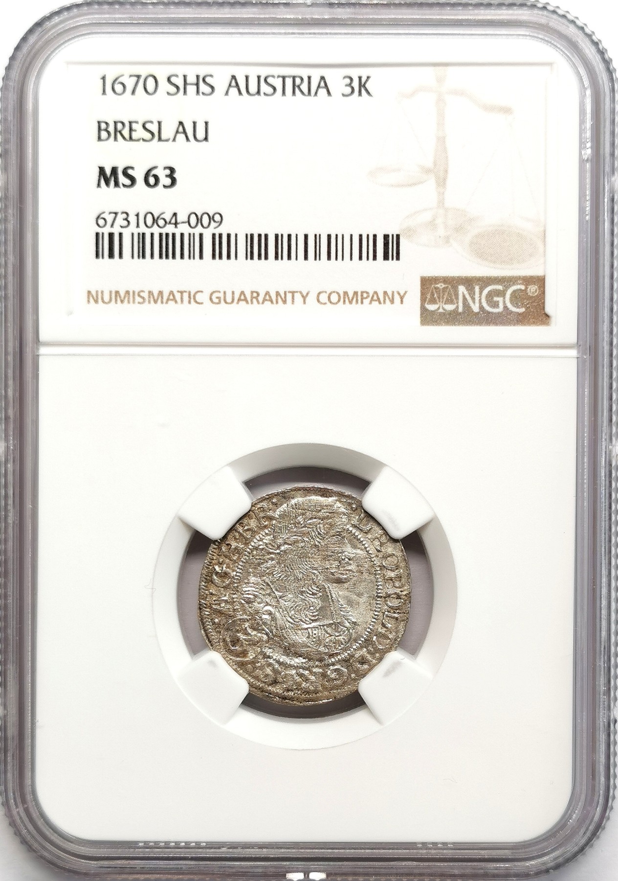 凡希社世界钱币微拍第二百六十七期 1670神罗布雷斯劳3K银辅币NGC-MS63，原光品！