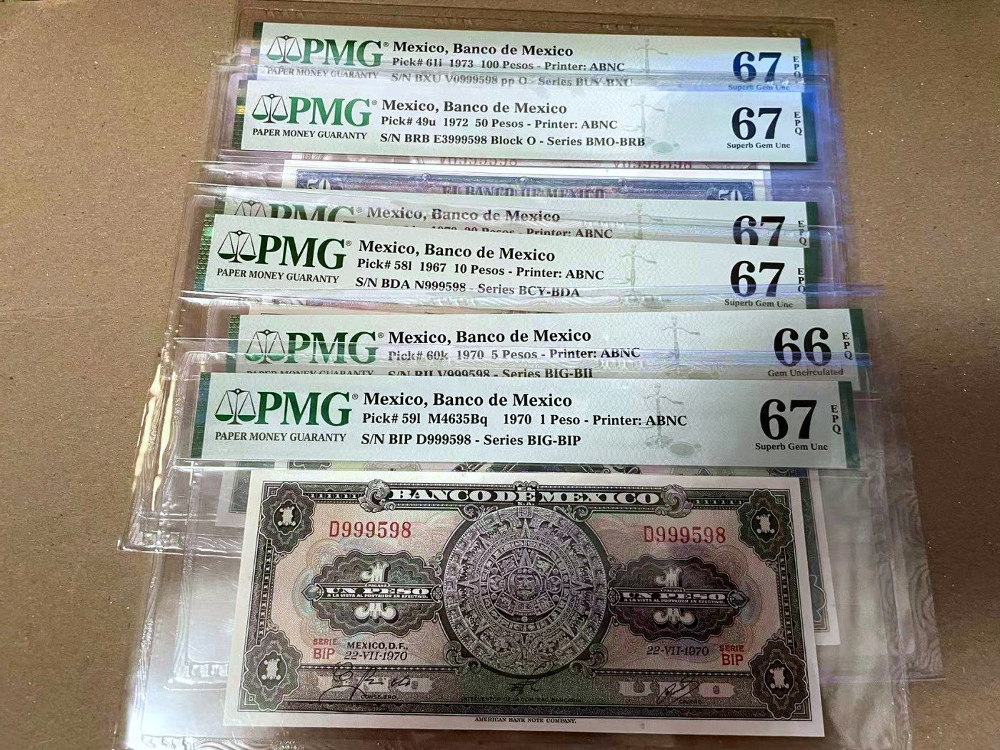 【Blue Auction】✨世界纸币精拍第468期【精】 【一组6张 999598全同号】墨西哥 1967-73年1-100比索 PMG67EPQ-66EPQ 设计精美