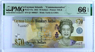 【Blue Auction】✨世界纸币精拍第468期【精】 -  【Q/1千位小号】开曼群岛 2022年70元 女王 PMG66EPQ 纪念钞 