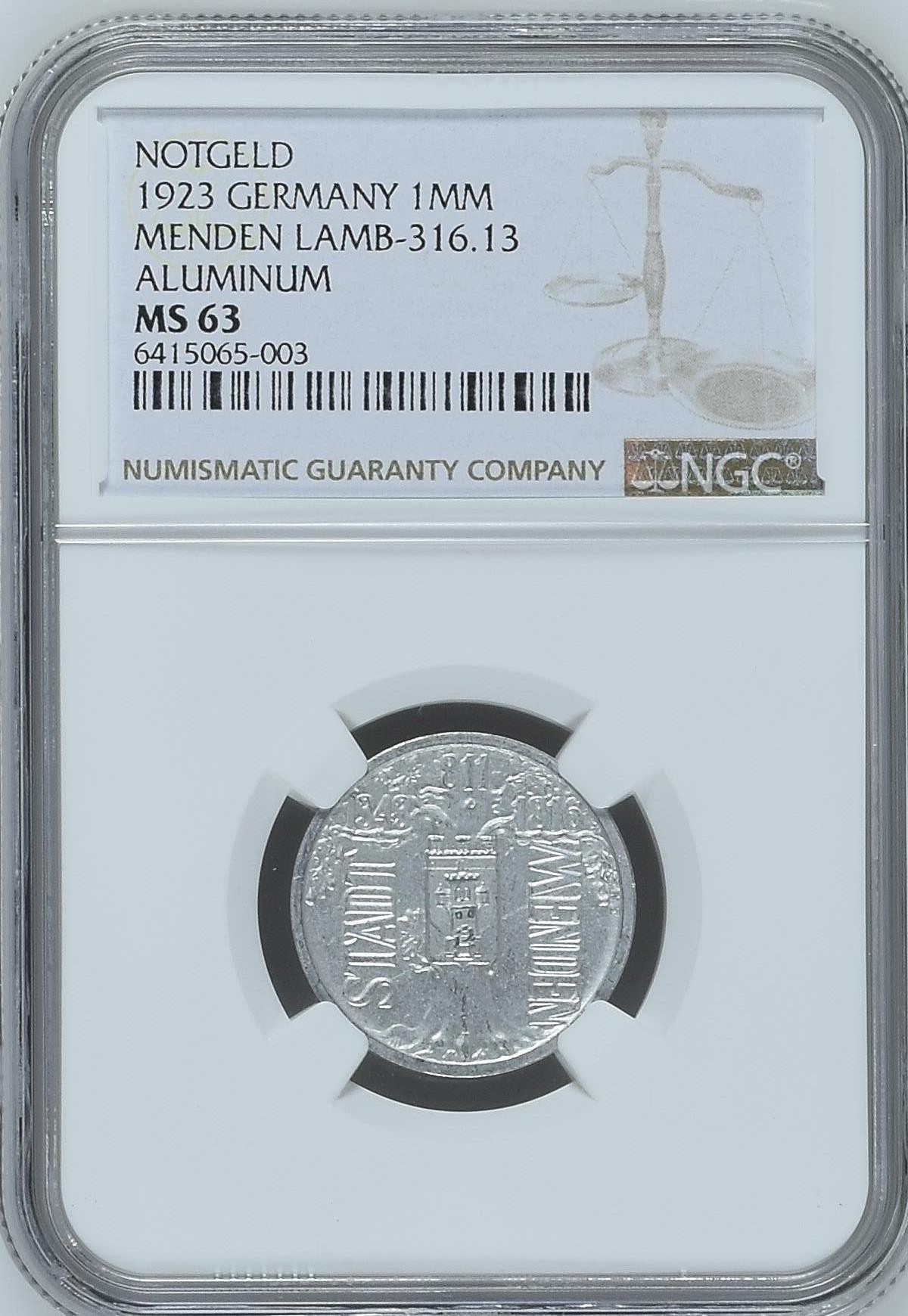 长老汇龙年精选第四场 1923 德紧门登1百万马克铝币，NGC MS63分，季军分，更高分仅有14枚