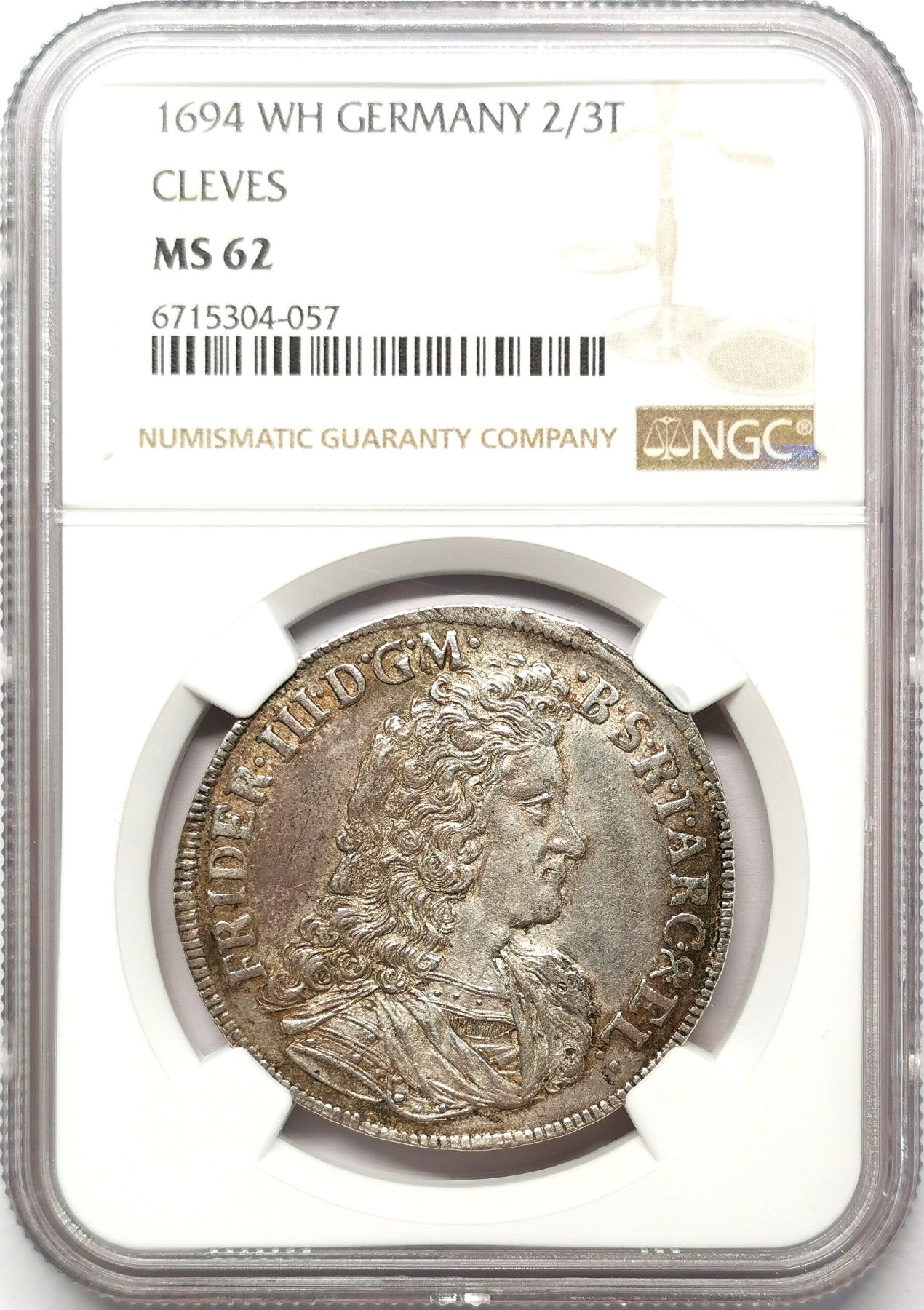 凡希社世界钱币微拍第二百六十七期 荐！1694WH克勒弗铸勃兰登堡-普鲁士弗里德里希三世2/3泰勒大银NGC-MS62，品相卓越收藏级！