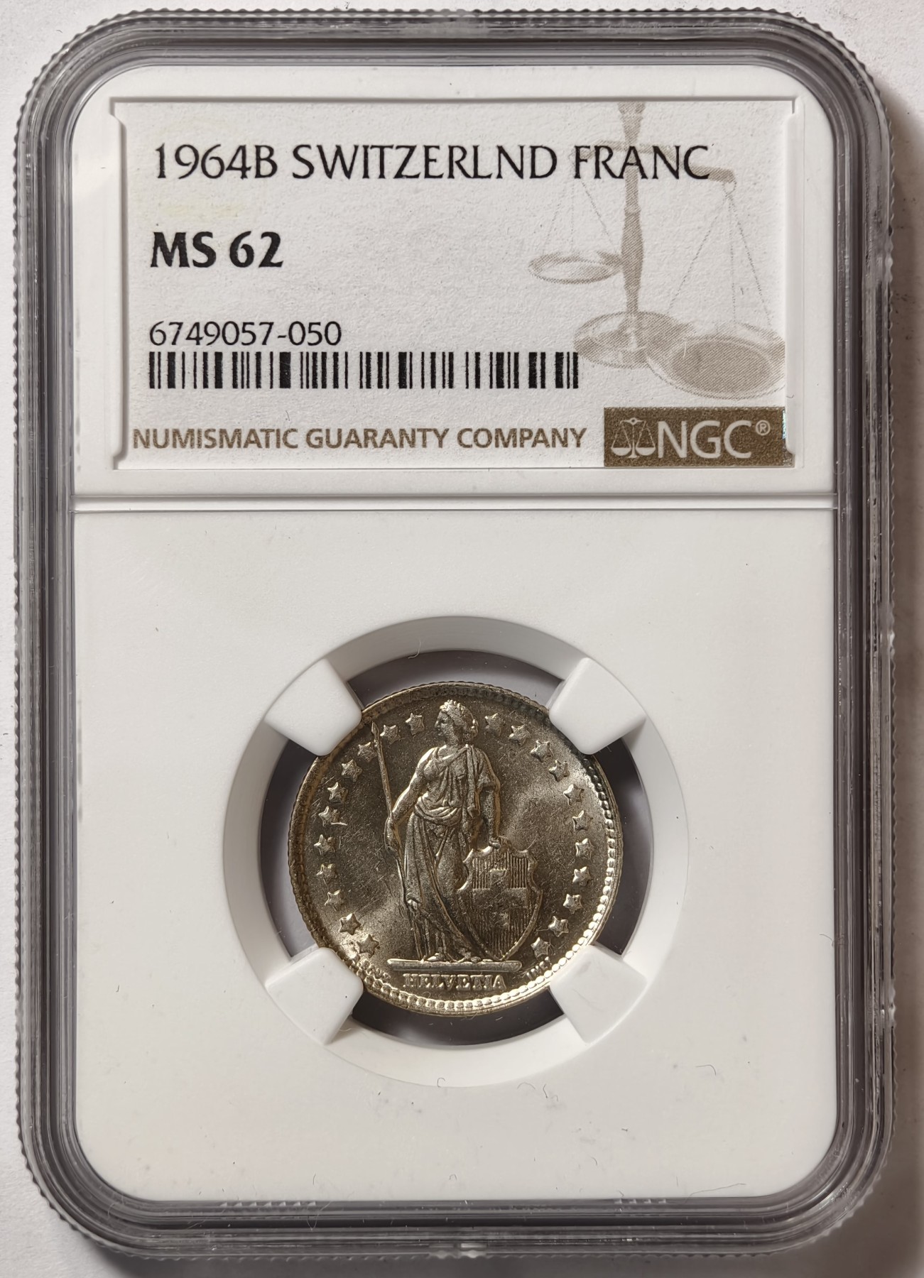 紫瑗钱币——第344期拍卖 瑞士  1964年 B版  赫尔维蒂亚 1法郎 银币 NGC MS62