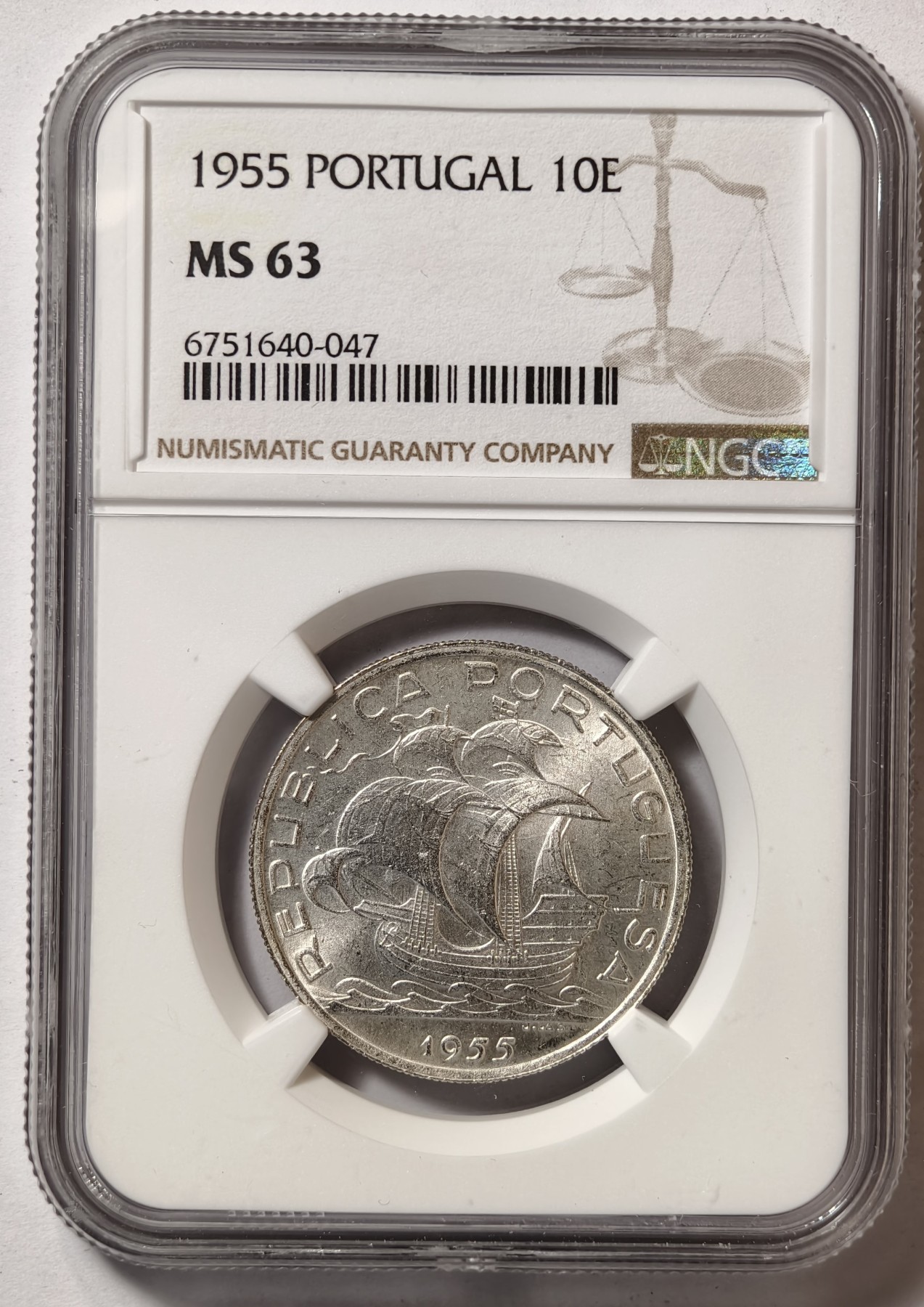 紫瑗钱币——第344期拍卖 葡萄牙 1955年 帆船 10埃斯库多 银币  NGC MS63