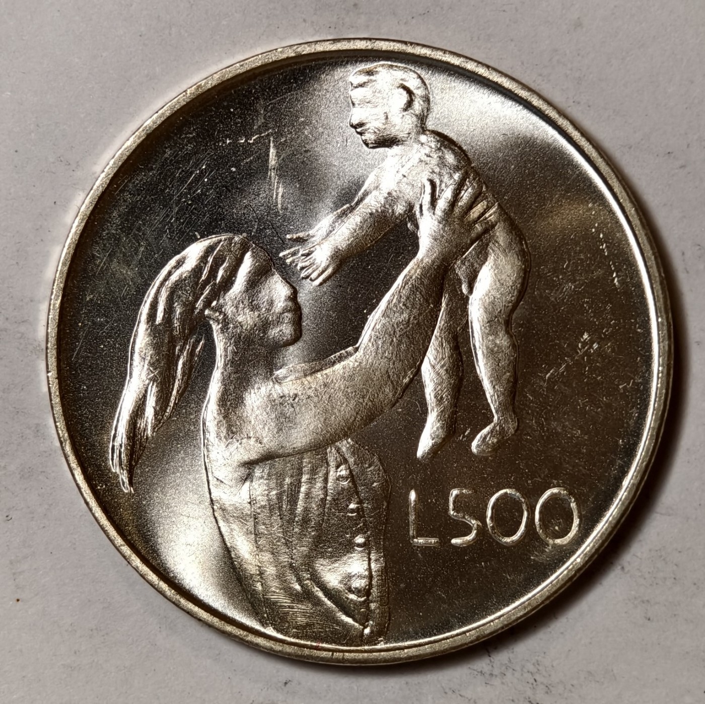 紫瑗钱币——第454期 圣马力诺 1972年 母亲与儿童 500里拉 11克 0.835银 UNC