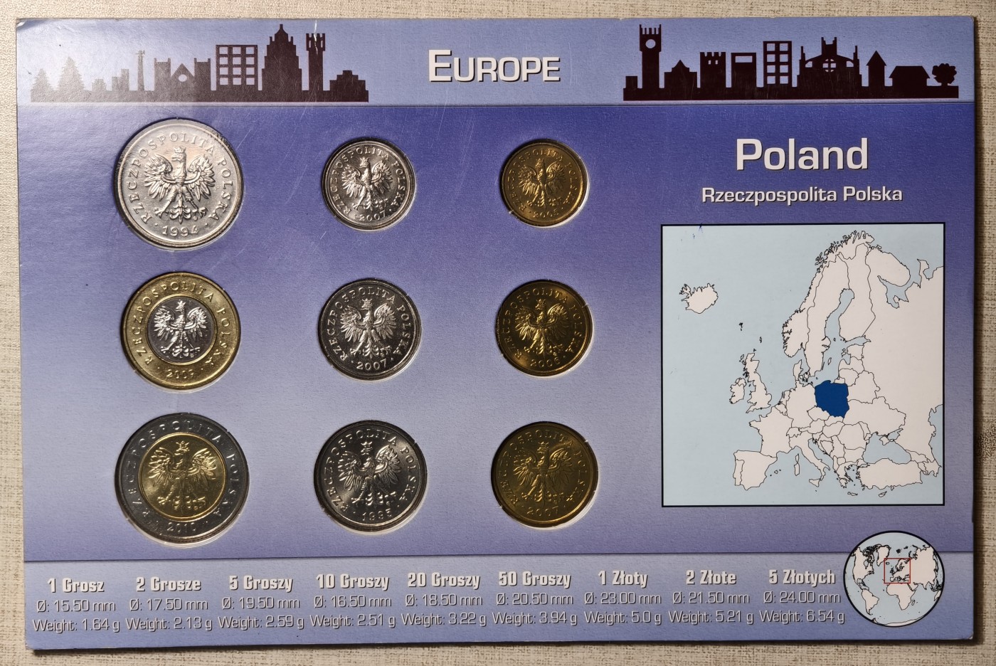 紫瑗钱币——第344期拍卖 波兰 流通硬币 1格罗兹—5兹罗提 9枚 卡装 UNC