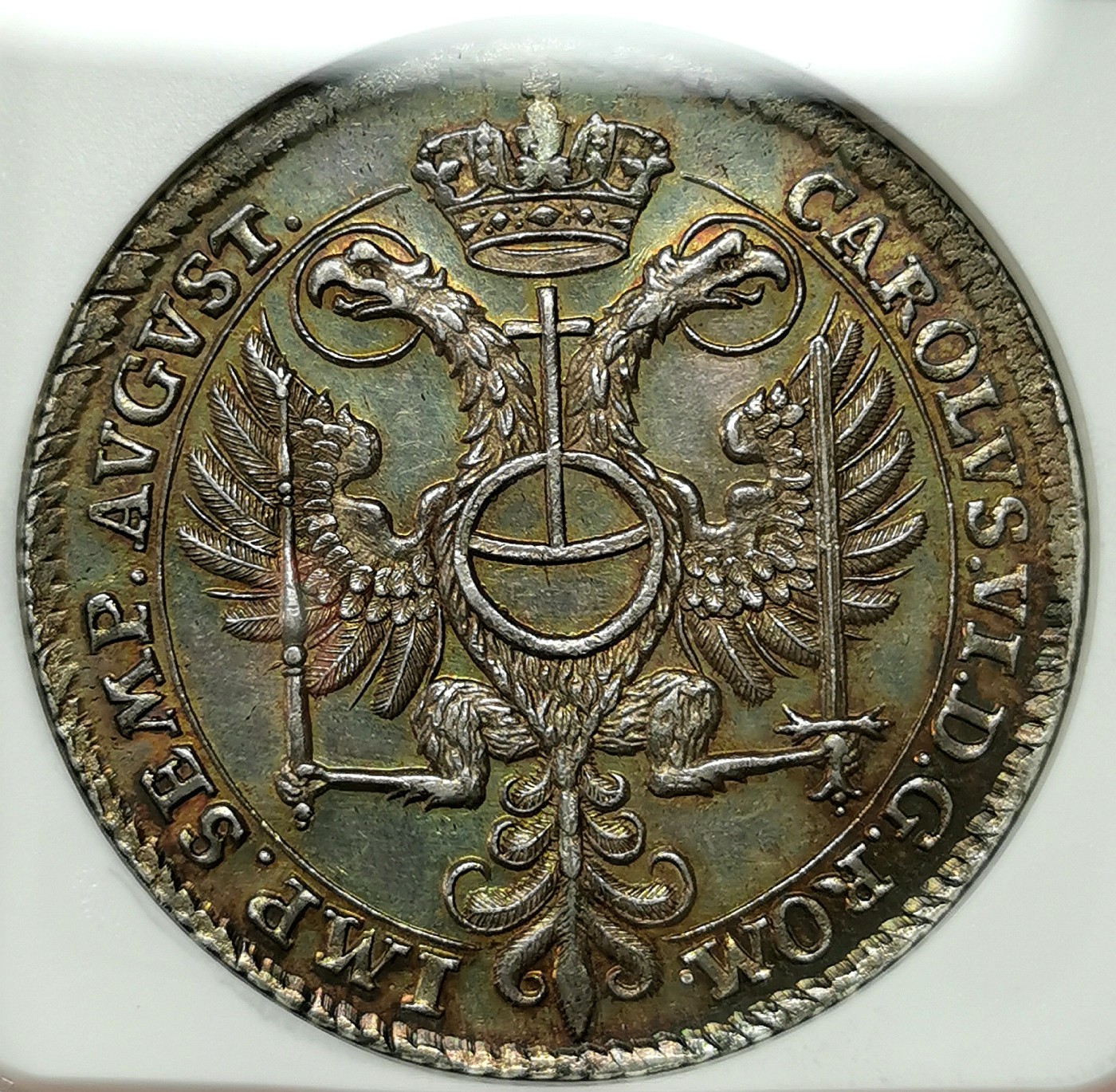 凡希社世界钱币微拍第二百六十七期 荐！1730IHL帝国自由市汉堡双头鹰与城徽泰勒大银NGC-MS63，一年型，铸造仅仅5000枚，五彩浓郁细节优秀！