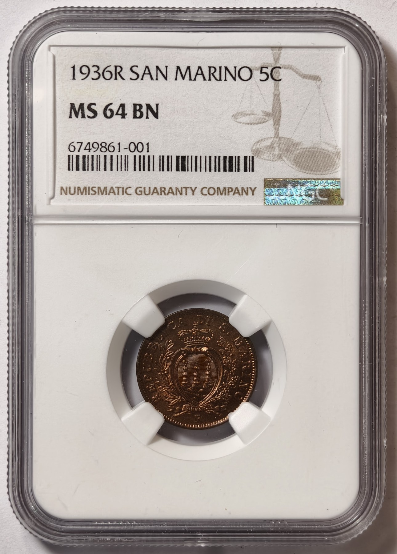 紫瑗钱币——第344期拍卖 圣马力诺 1936年 国徽  5分 NGC MS64 BN