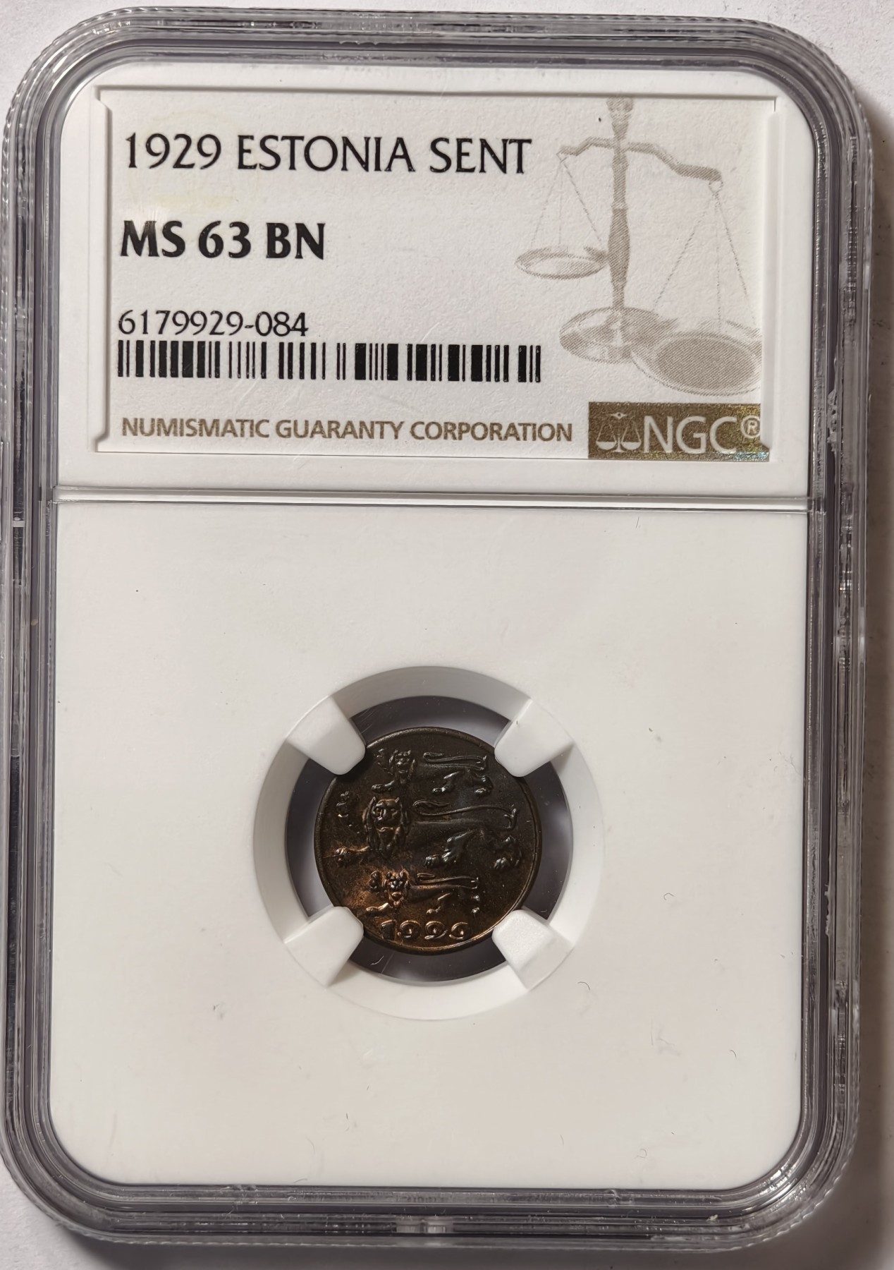 紫瑗钱币——第344期拍卖 爱沙尼亚 1929年 1生丁 铜币 NGC MS63 BN
