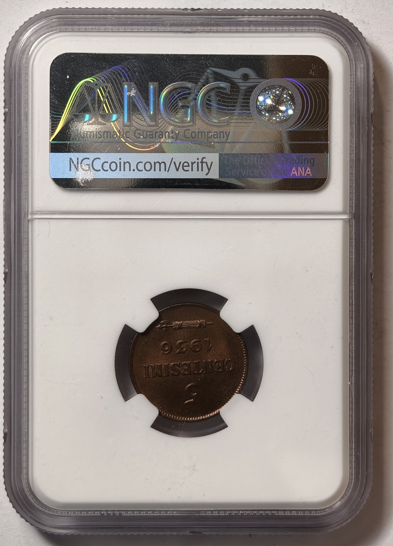 紫瑗钱币——第344期拍卖 圣马力诺 1936年 国徽  5分 NGC MS64 BN