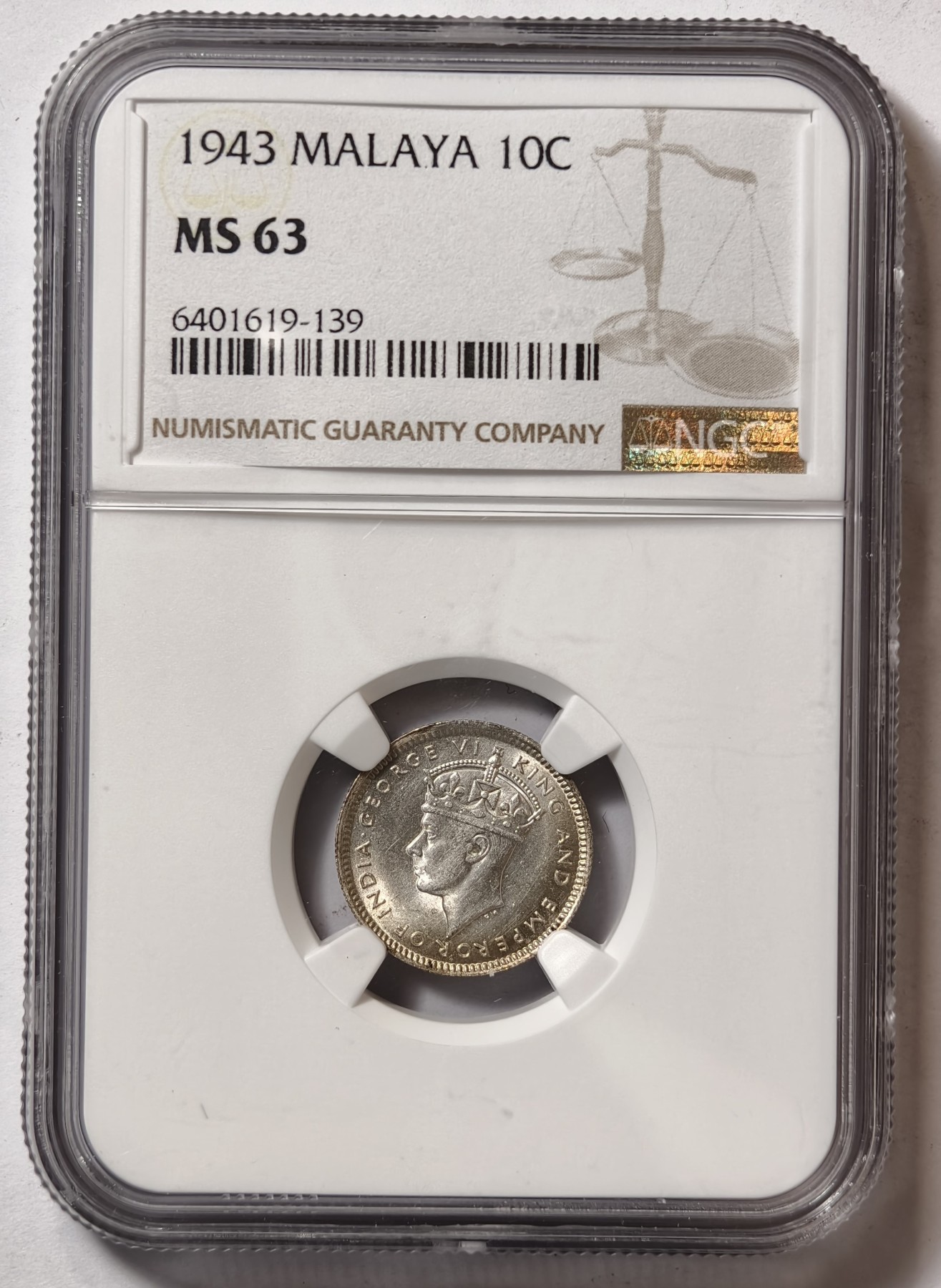 紫瑗钱币——第344期拍卖 马来亚 1943年 乔治六世 10分  银币 NGC MS63