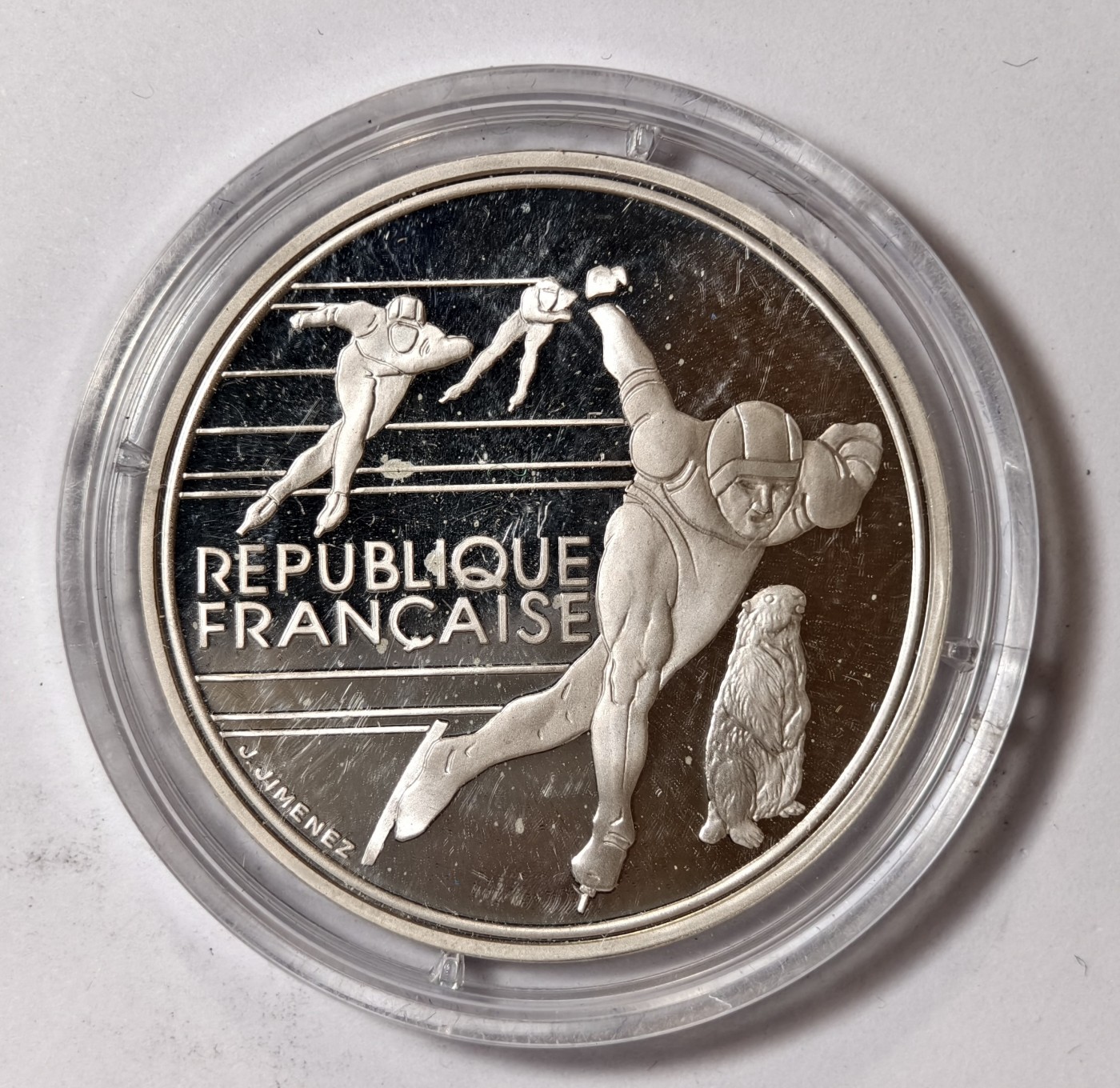 紫瑗钱币——第344期拍卖 法国 1990年 92阿尔贝维尔冬奥会 速度滑冰者和高山土拨鼠 100法郎 22.2克 0.9银 精制