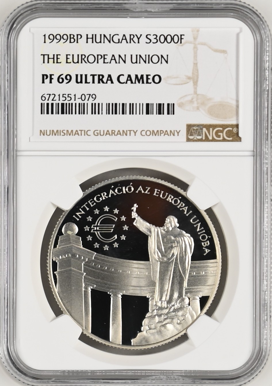 长老汇龙年精选第四场 1999BP 匈牙利欧盟3000弗林特精制银币，NGC PF69UC，唯二冠军，1.7万枚