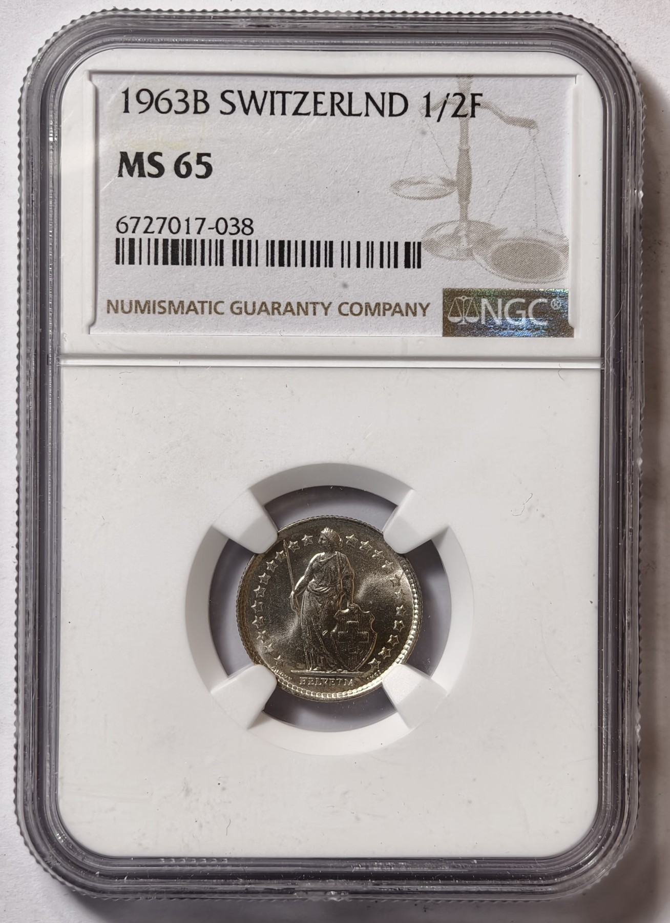 紫瑗钱币——第344期拍卖 瑞士 1963年 B版 赫尔维蒂亚 1/2法郎 银币 NGC MS65 