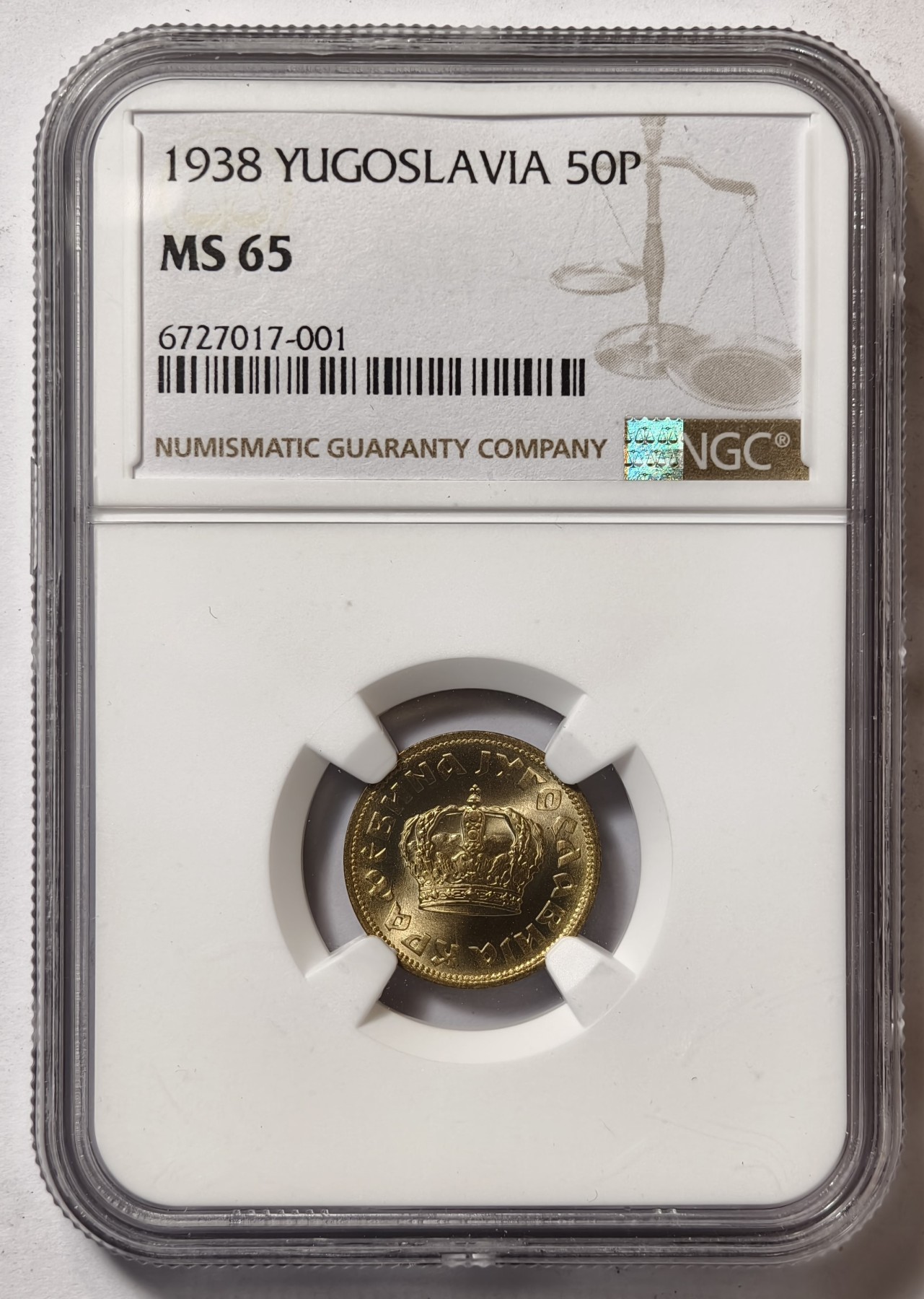 紫瑗钱币——第344期拍卖 南斯拉夫 1938年 王国时期 皇冠 50帕拉 铜币 NGC MS65