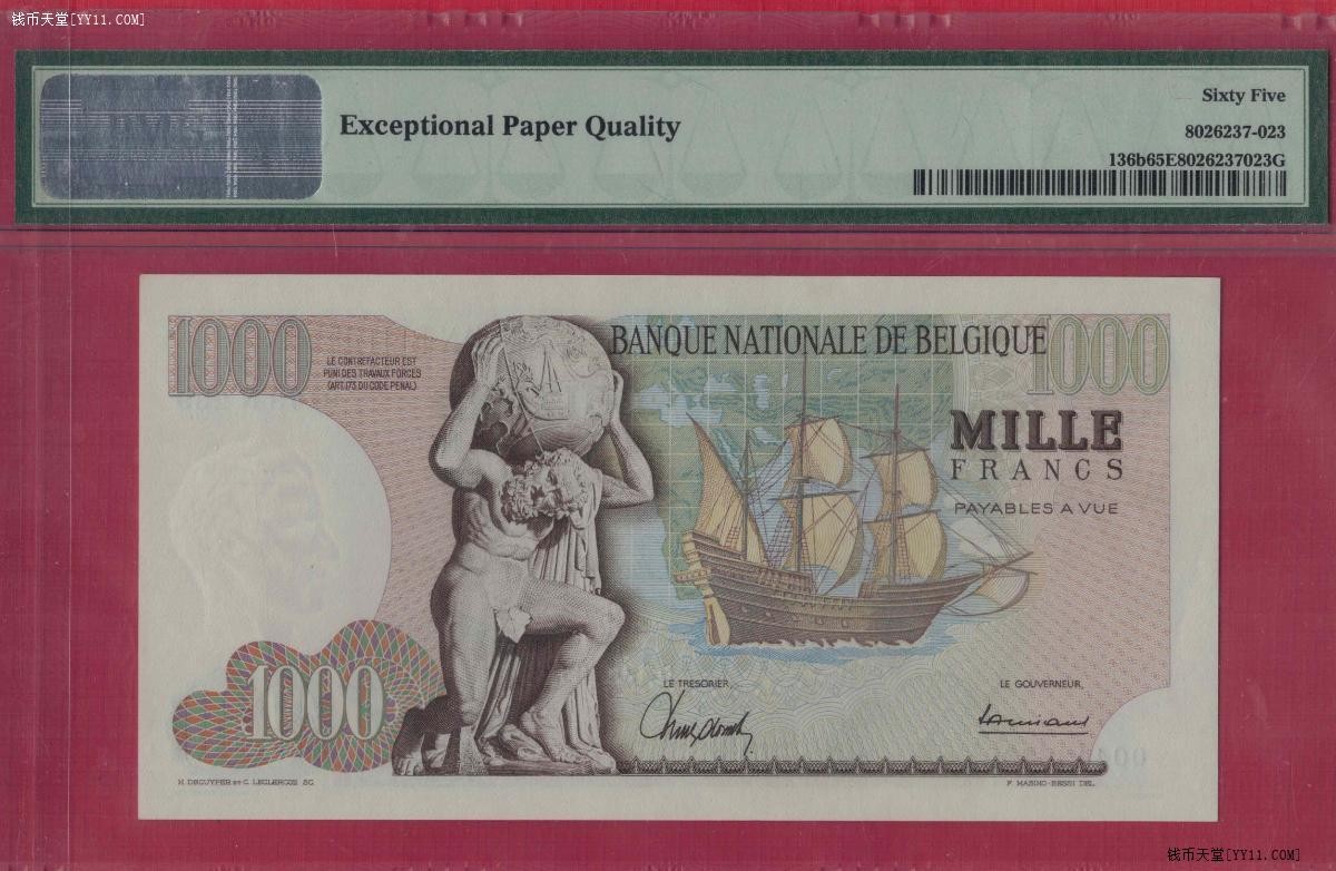 比利时1961年1000法郎 P-136a 无4 欧洲 实物图 UNC