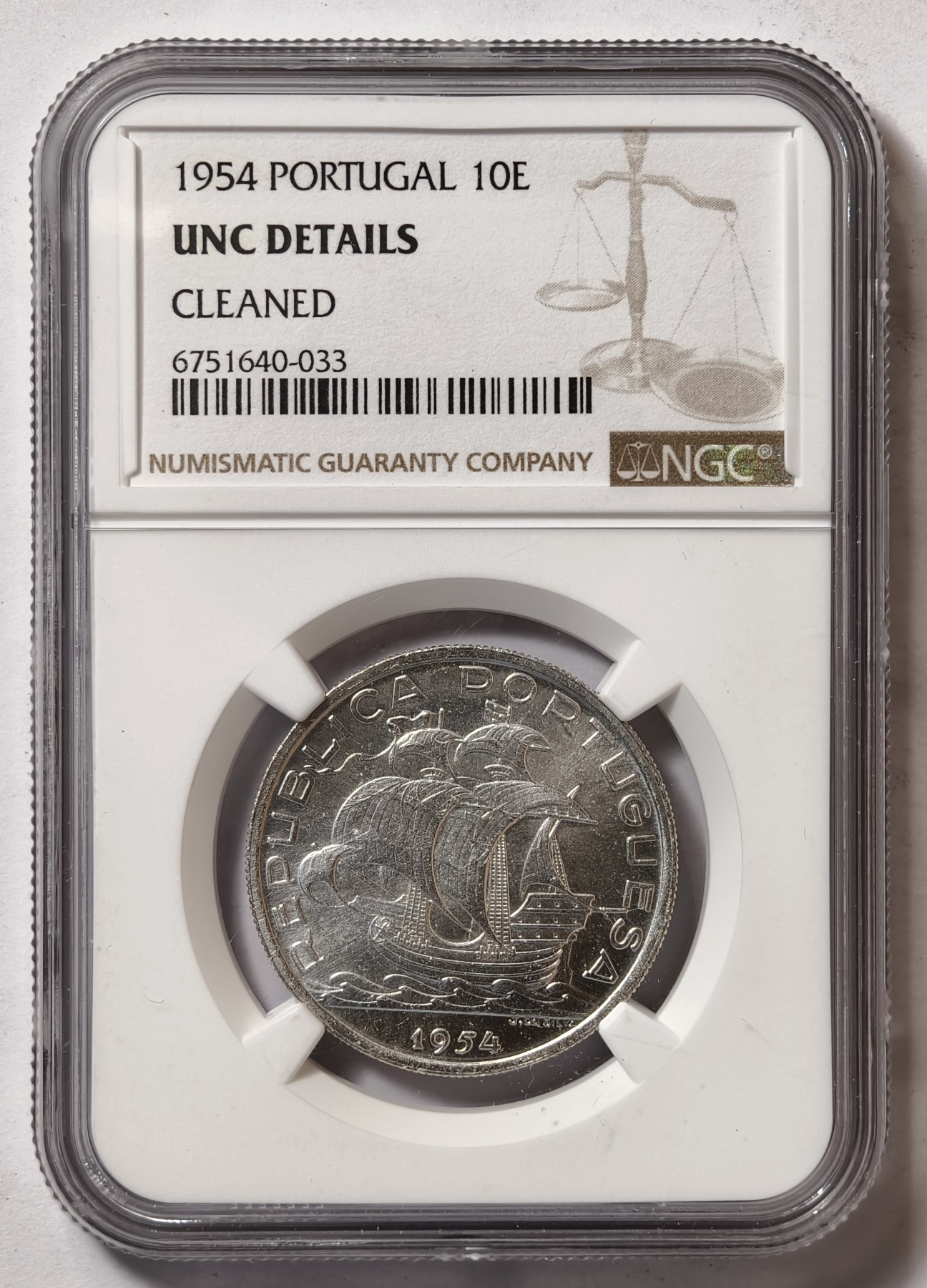 紫瑗钱币——第472期 葡萄牙 1954年 帆船  10埃斯库多 银币 NGC  UNC DETAILS