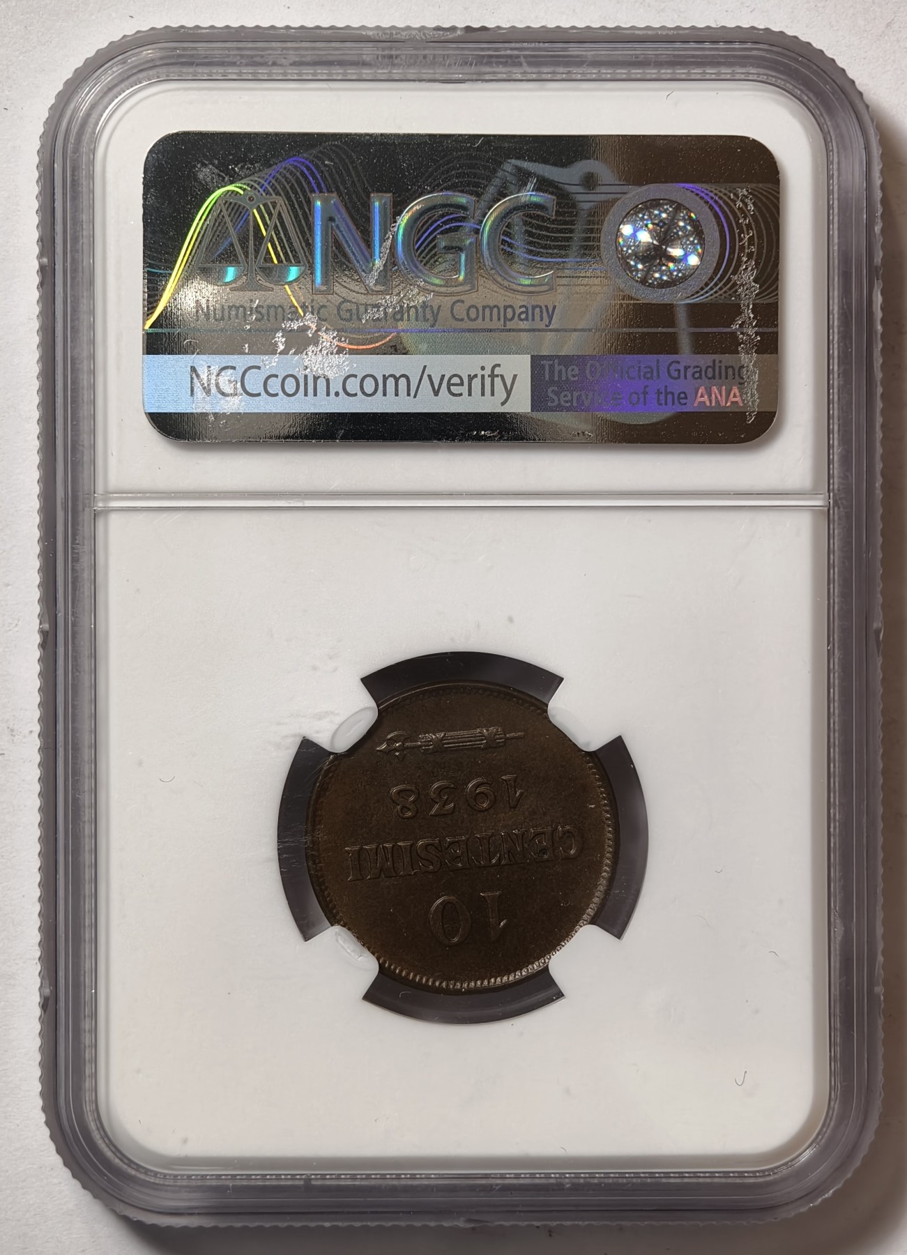 紫瑗钱币——第344期拍卖 圣马力诺 1938年 国徽 10分 铜币 NGC MS63 BN