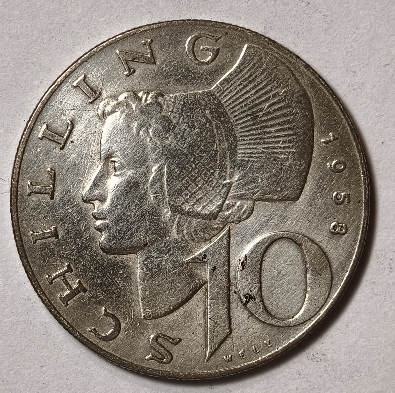 紫瑗钱币——第494期 奥地利 1958年 女神 10先令 7.5克 0.64银