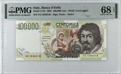 《张总收藏》148期-外币周六畅拍场 - 意大利100000里拉 PMG68E 1994年 冠军分