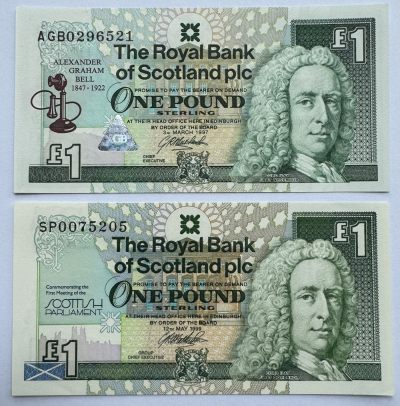 2024第18场（总第170期）：精品大厂贺年卡、测试钞、纪念钞综合场 - 苏格兰“英国发明家贝尔诞辰150周年”1镑+“第一届议会召开”1镑纪念钞一对UNC
