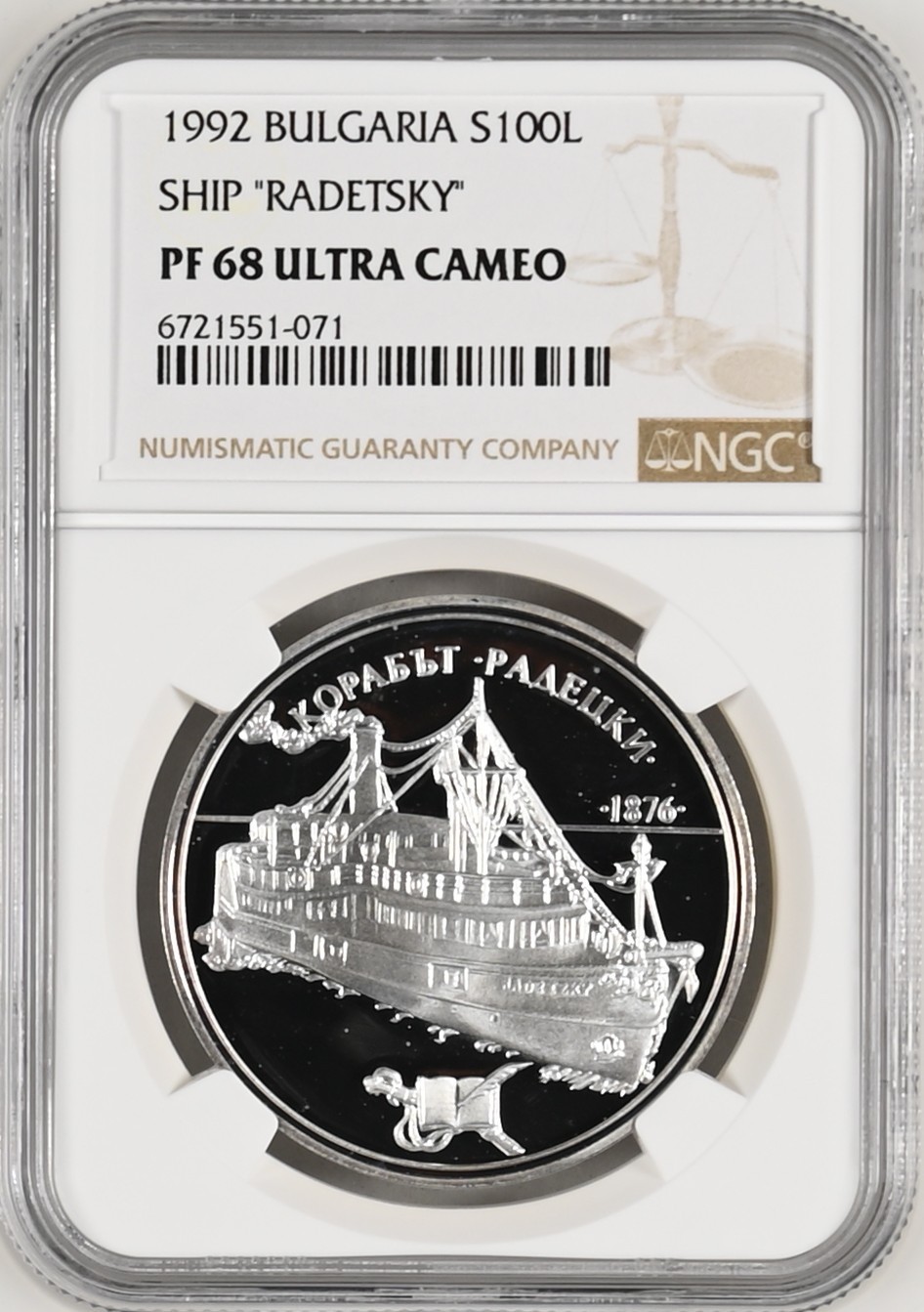 长老汇龙年精选第四场 1992 保加利亚拉德斯基号100列精制银币，NGC PF68UC，背逆，更高分仅有16枚，上涨品种