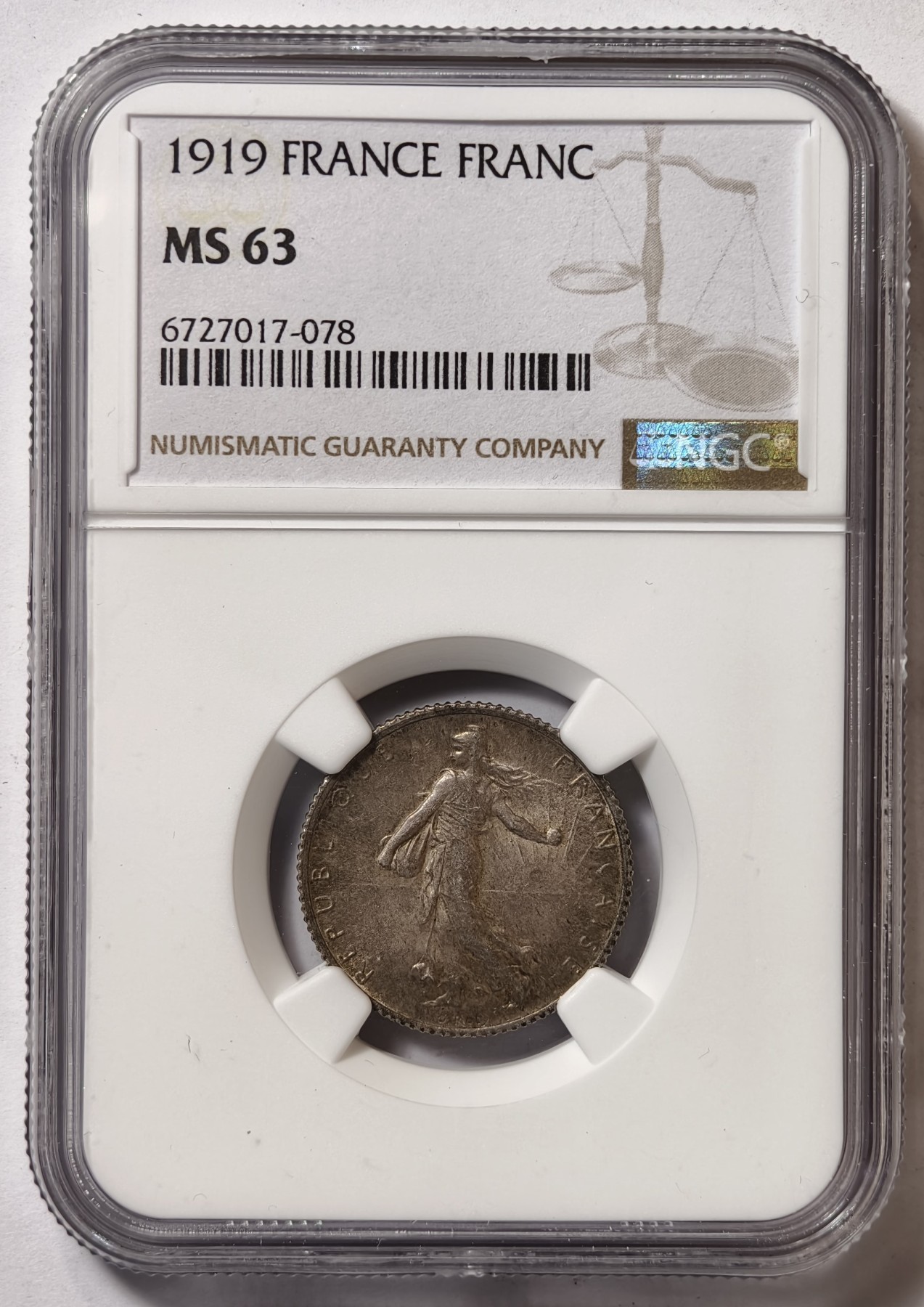 紫瑗钱币——第472期 法国 1919年 播种女神  1法郎 银币 NGC MS63 老包浆