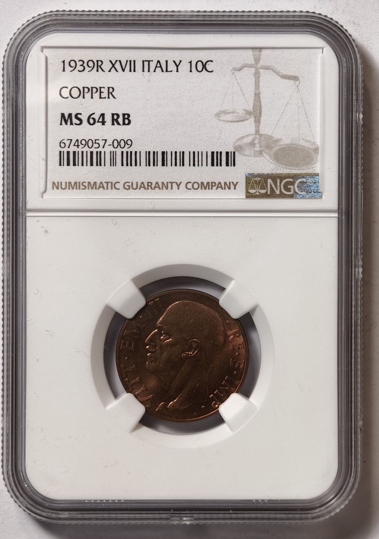 紫瑗钱币——第344期拍卖 意大利 1939年 伊曼纽尔三世 10分 铜币 NGC MS64 RB