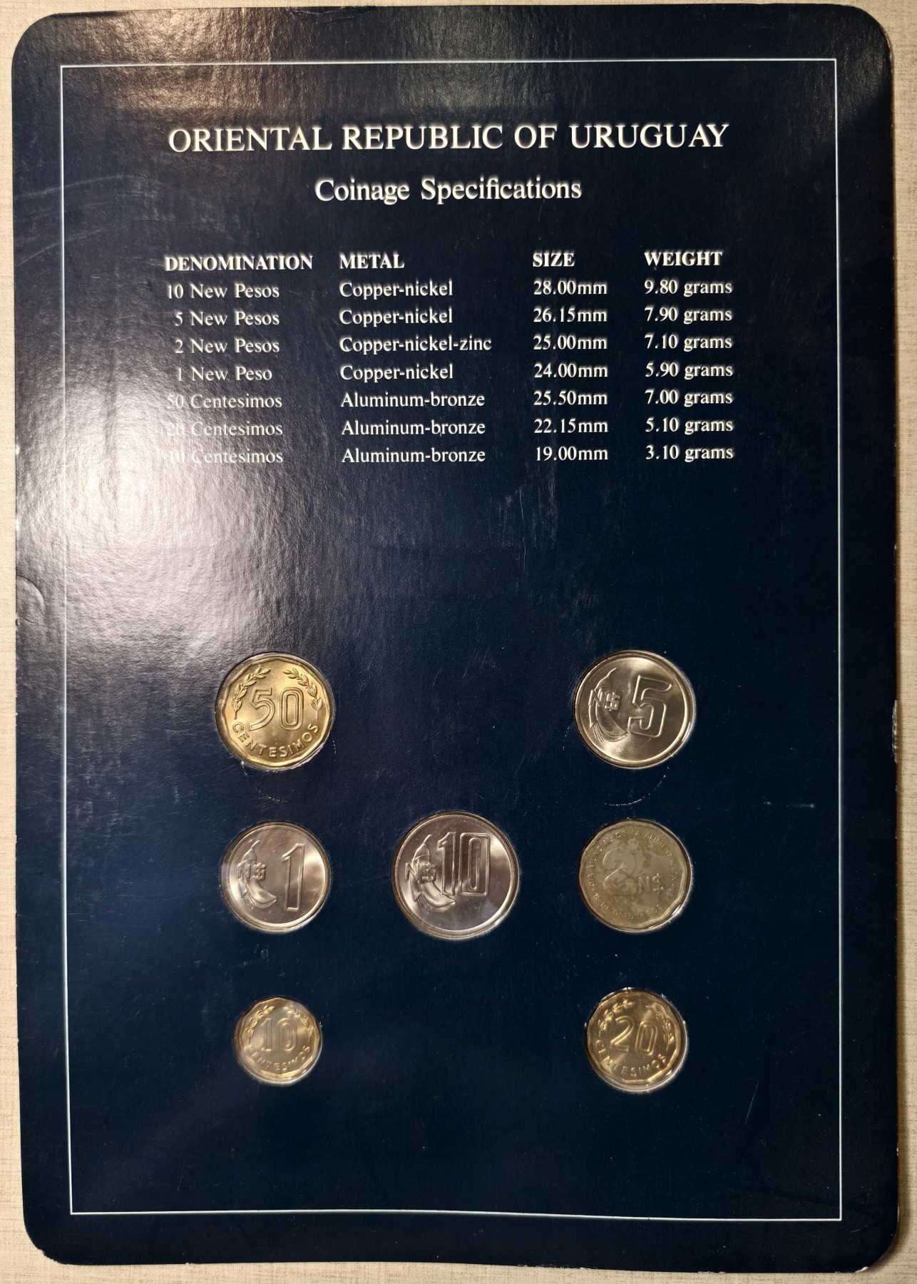 紫瑗钱币——第344期拍卖 乌拉圭 富兰克林卡装 10分-5新比索 7枚全套  UNC