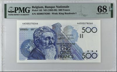 《张总收藏》148期-外币周六畅拍场 - 比利时500法郎 PMG68E 比利时画家、雕刻家麦尼埃 双尾66