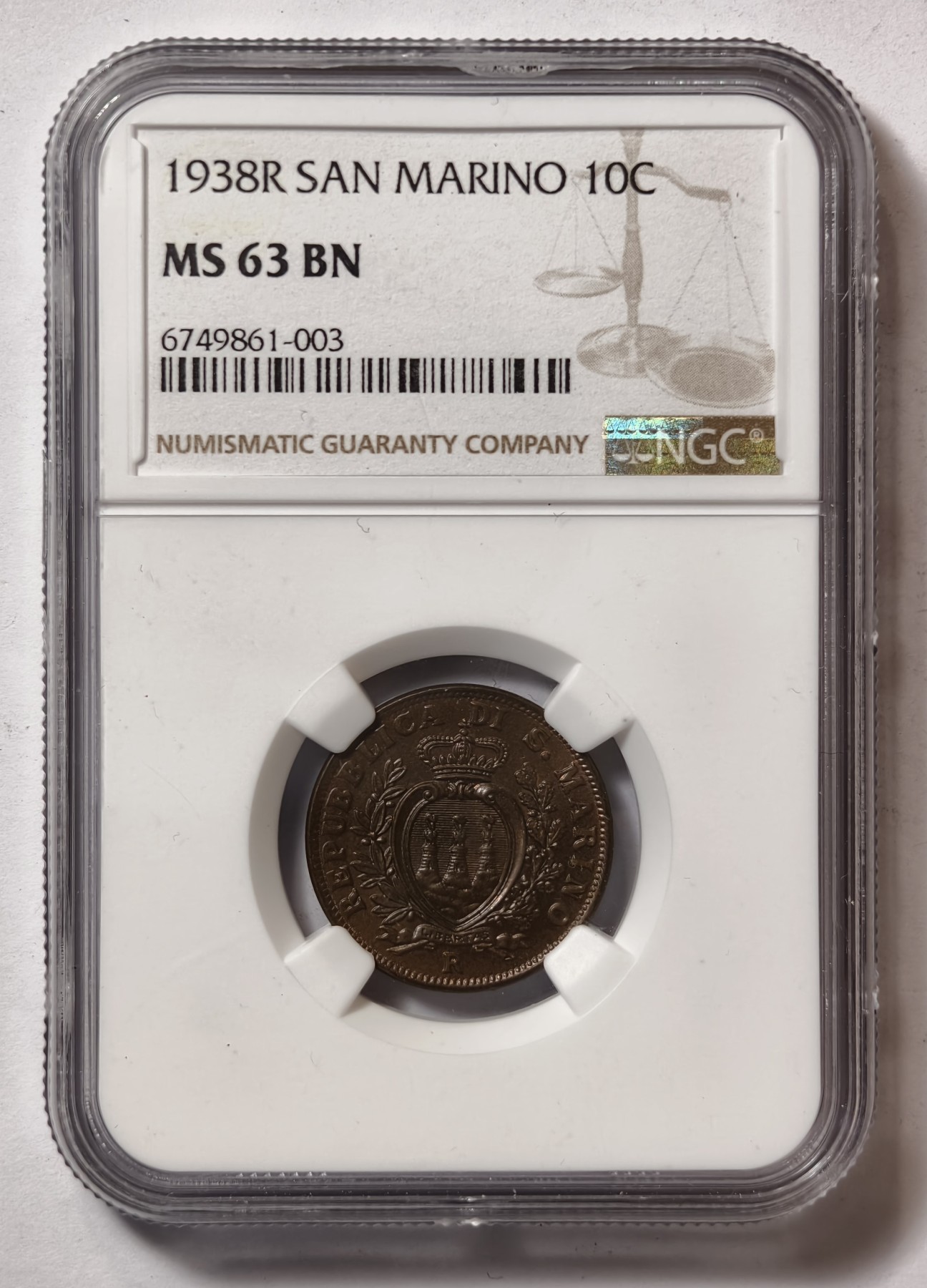 紫瑗钱币——第344期拍卖 圣马力诺 1938年 国徽 10分 铜币 NGC MS63 BN