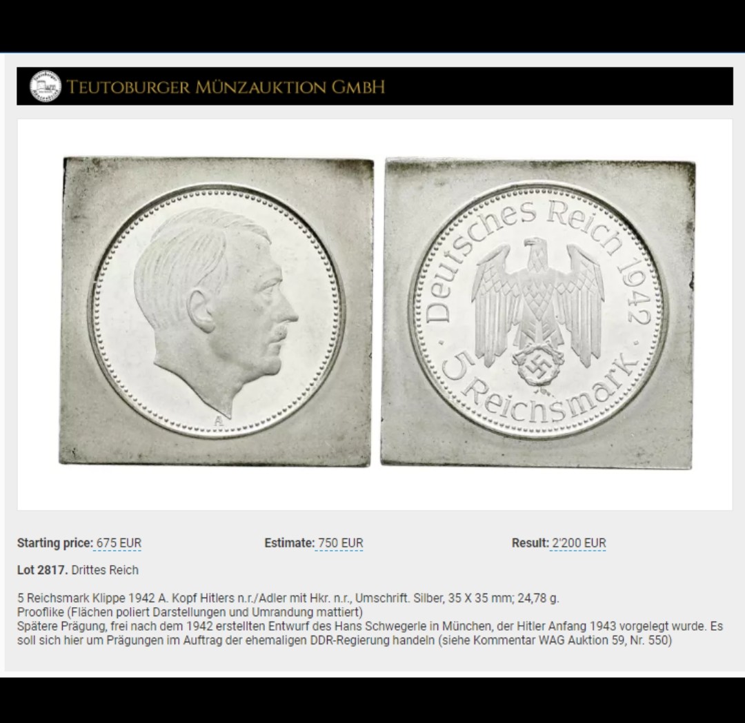 凡希社世界钱币微拍第二百六十七期 荐！1942A德国元首5帝国马克KLIPPE银样币，珍稀！35*35mm，24.78g，根据Hans Schwegerle1942年绘制的草图铸造于慕尼黑，并于1943年年初提交给元首。