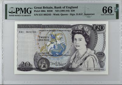 《张总收藏》148期-外币周六畅拍场 - 英格兰20镑 PMG66E D序列女王 D.H.F. Somerset签名 较少的P380c