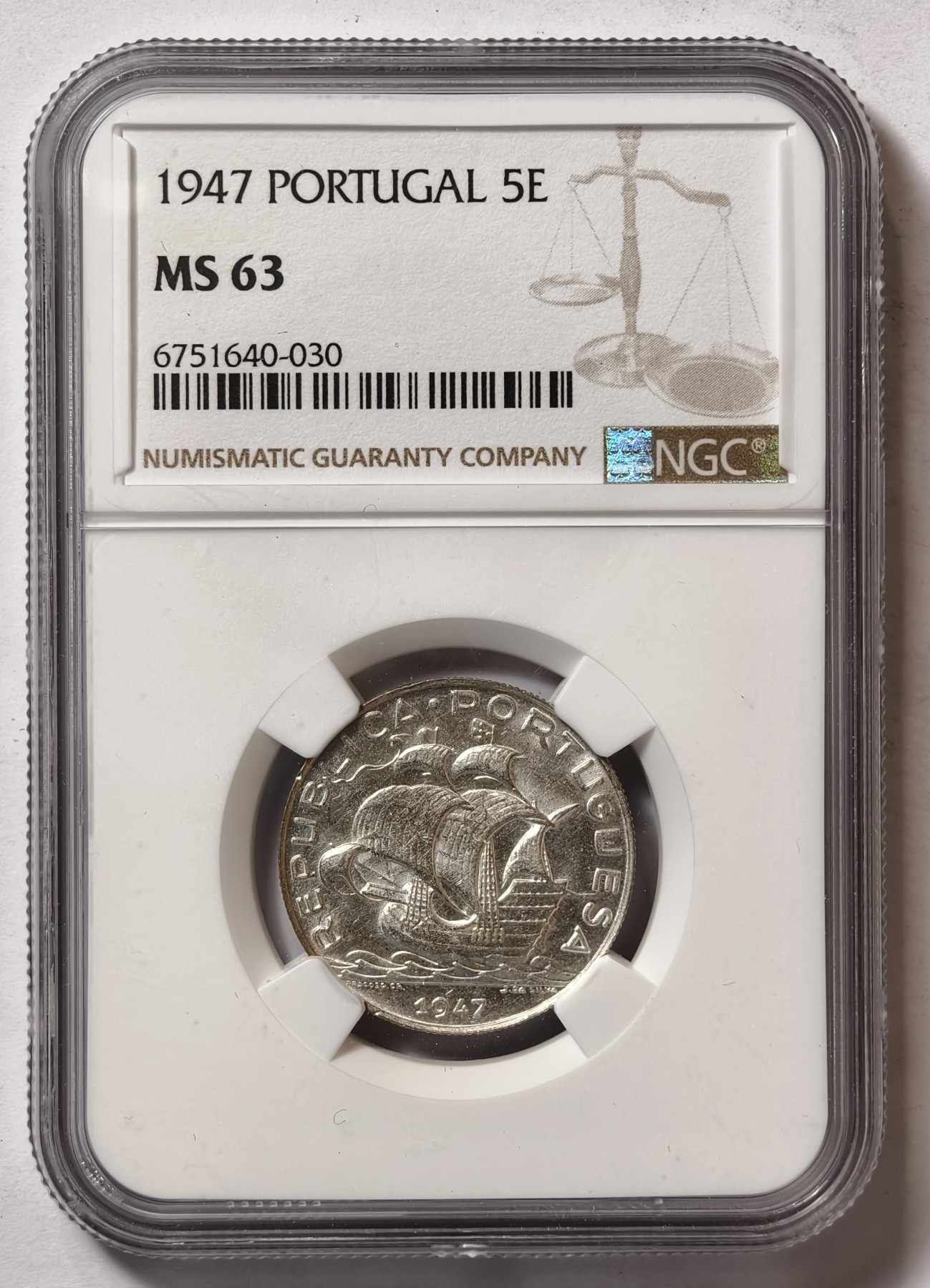 紫瑗钱币——第344期拍卖 葡萄牙 1947年 帆船  5埃斯库多 银币 NGC  MS63