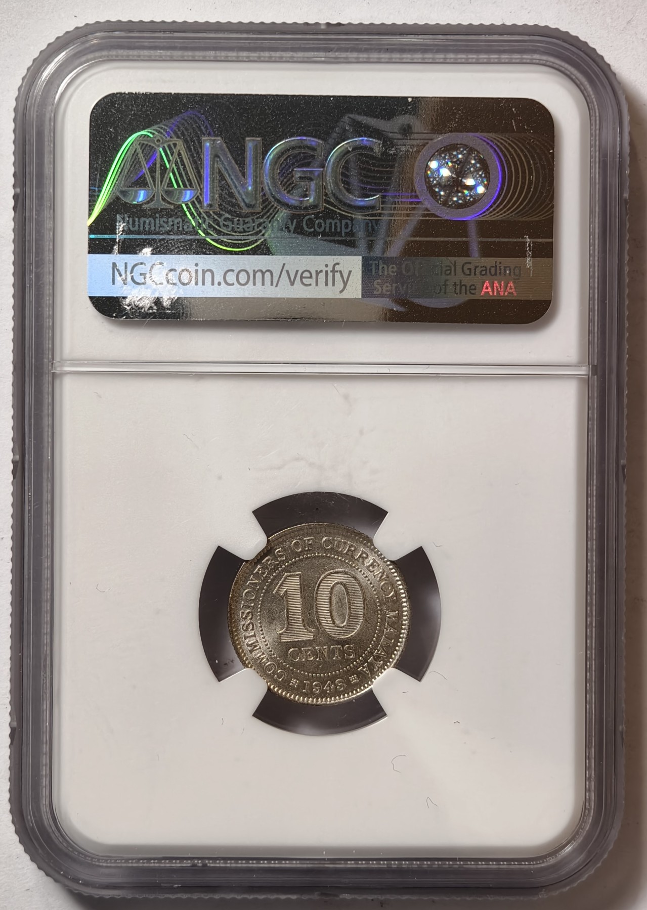 紫瑗钱币——第344期拍卖 马来亚 1943年 乔治六世  10分 银币 NGC MS63