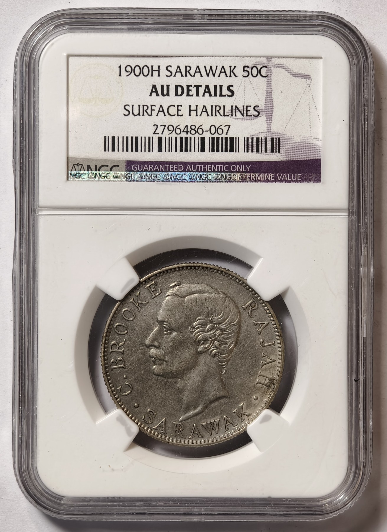 紫瑗钱币——第344期拍卖 沙捞越 1900年 H版 查尔斯.V.布鲁克 50分 银币 NGC AU Detail