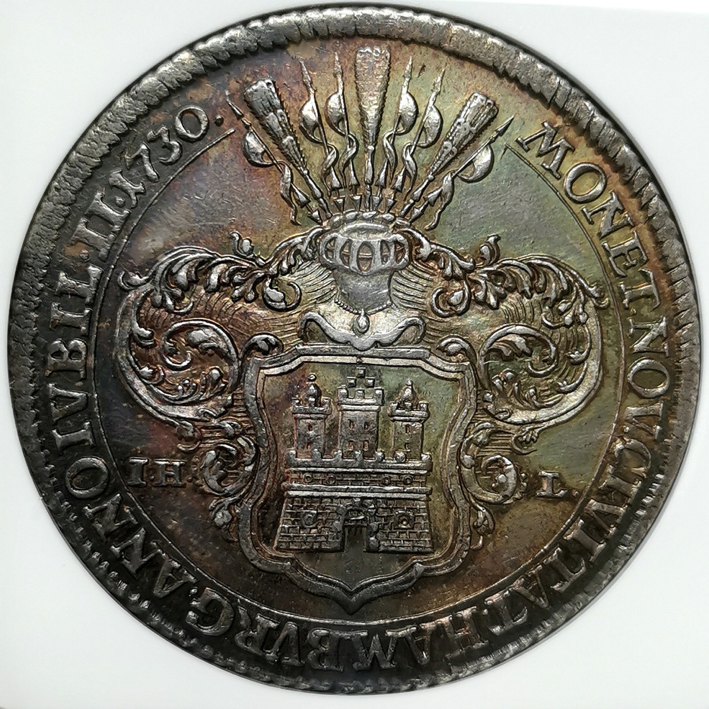 凡希社世界钱币微拍第二百六十七期 荐！1730IHL帝国自由市汉堡双头鹰与城徽泰勒大银NGC-MS63，一年型，铸造仅仅5000枚，五彩浓郁细节优秀！