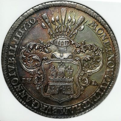 凡希社世界钱币微拍第二百六十七期 - 荐！1730IHL帝国自由市汉堡双头鹰与城徽泰勒大银NGC-MS63，一年型，铸造仅仅5000枚，五彩浓郁细节优秀！