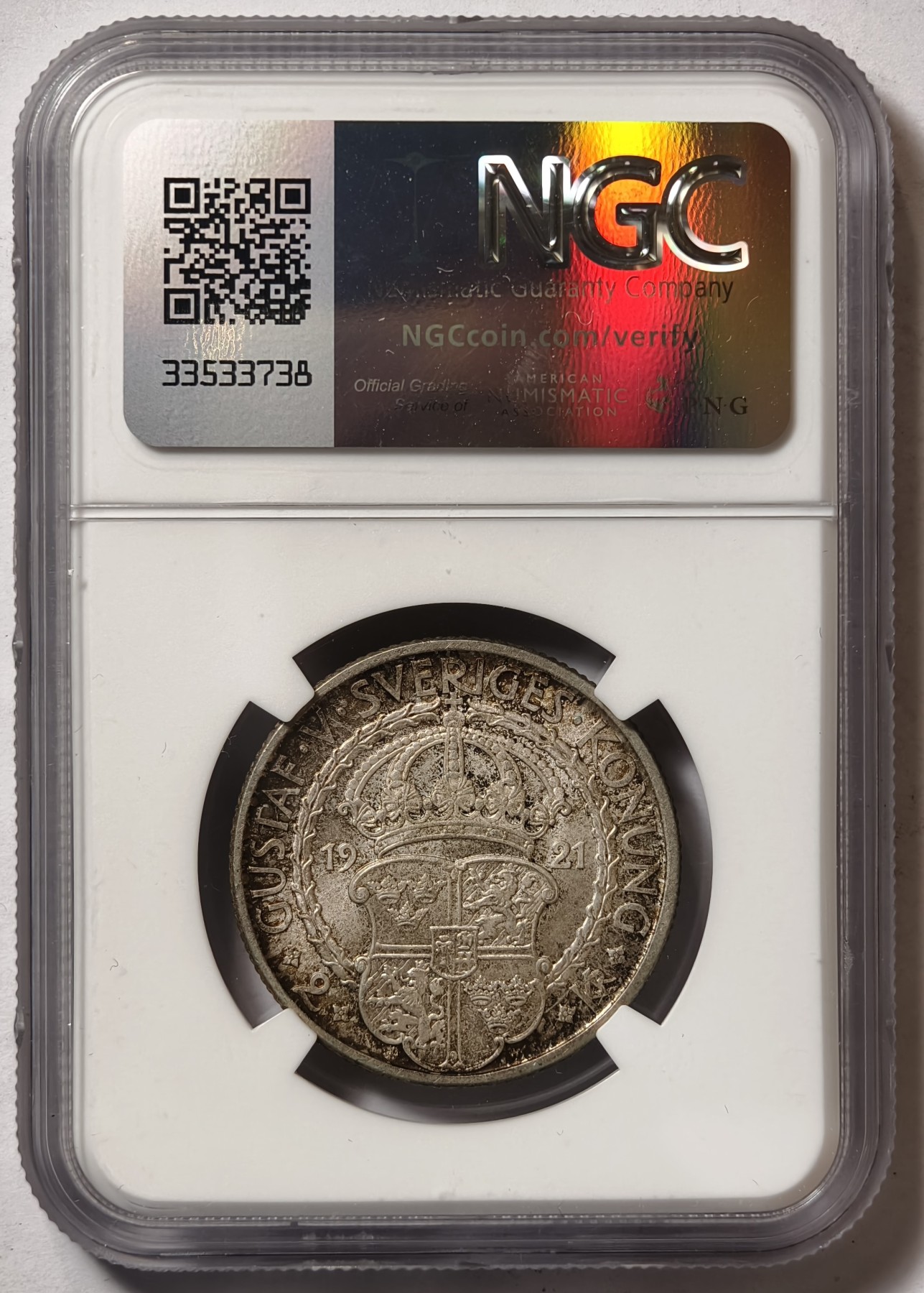 紫瑗钱币——第344期拍卖 瑞典 1921年 政治自由400周年 2克朗 银币 NGC MS65 五彩包浆
