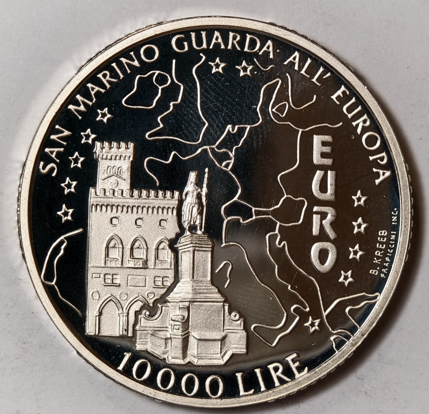 紫瑗钱币——第344期拍卖  共2张 圣马力诺 1996年 保卫欧洲 10000里拉 22克 0.835银 精制