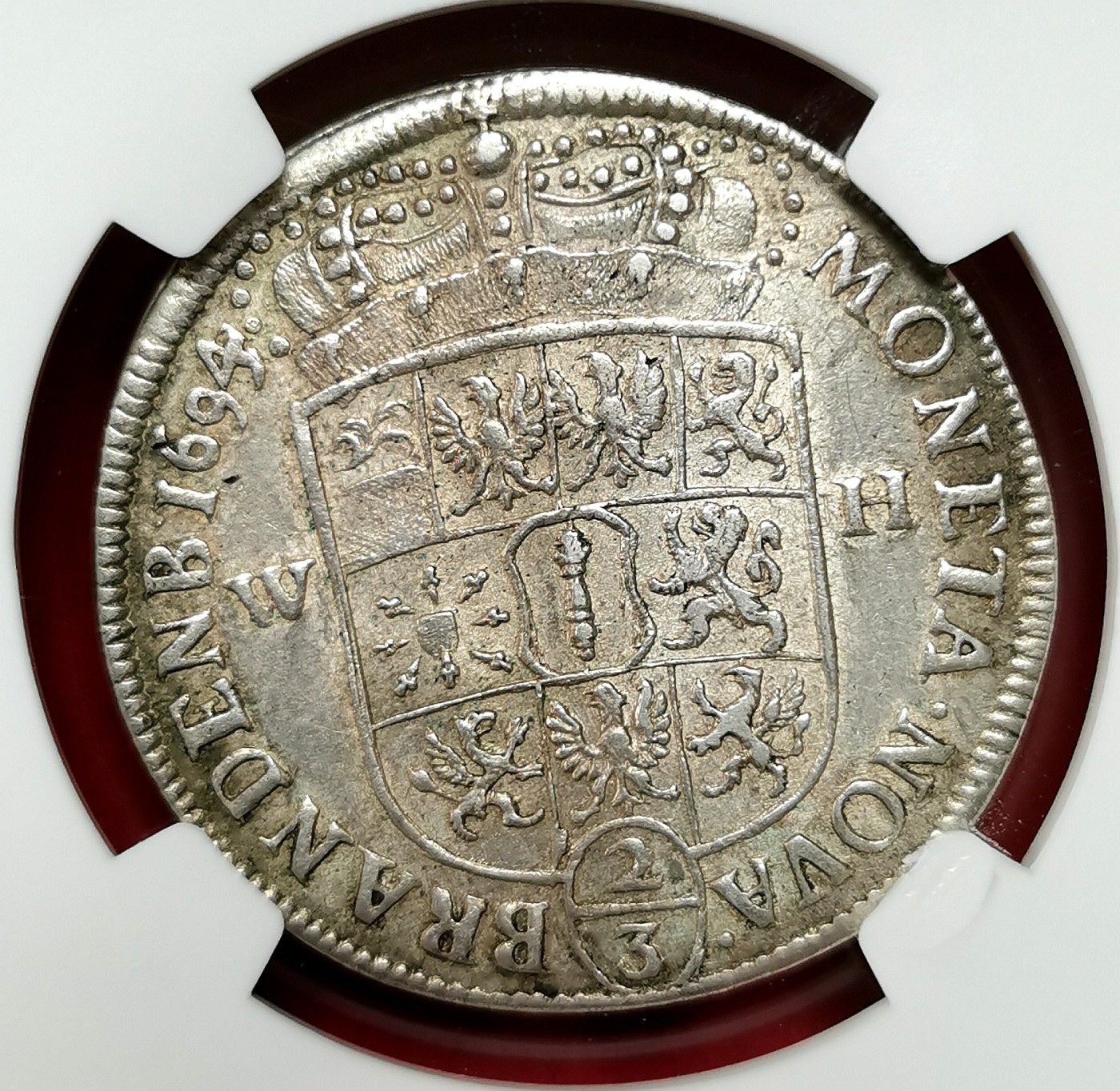 凡希社世界钱币微拍第二百六十七期 荐！1694WH克勒弗铸勃兰登堡-普鲁士弗里德里希三世2/3泰勒大银NGC-MS62，品相卓越收藏级！