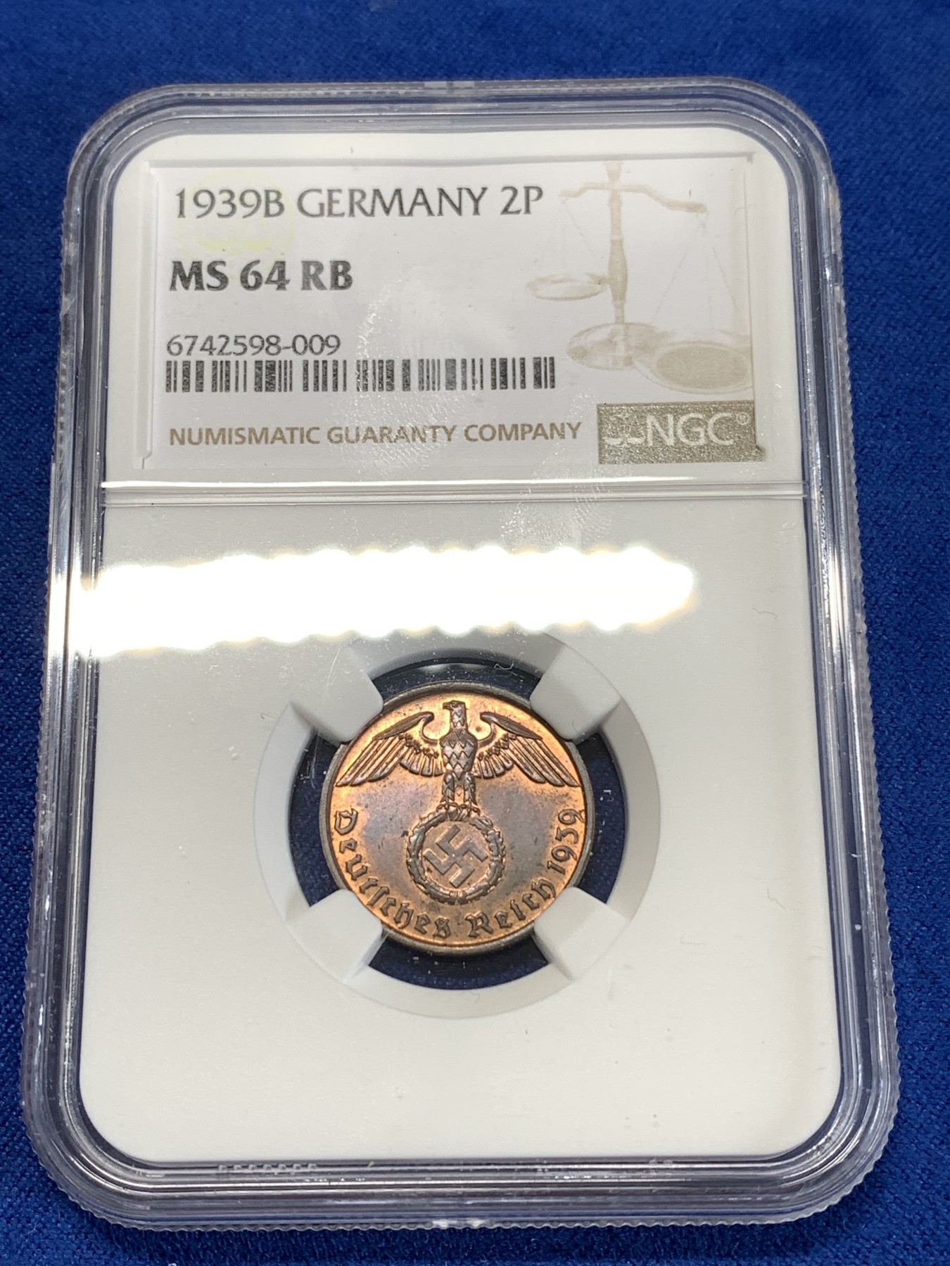 《竞宝斋》第263场-周日，周一 2场连拍 (全场包邮) NGC MS64RB 1939B德国2芬尼