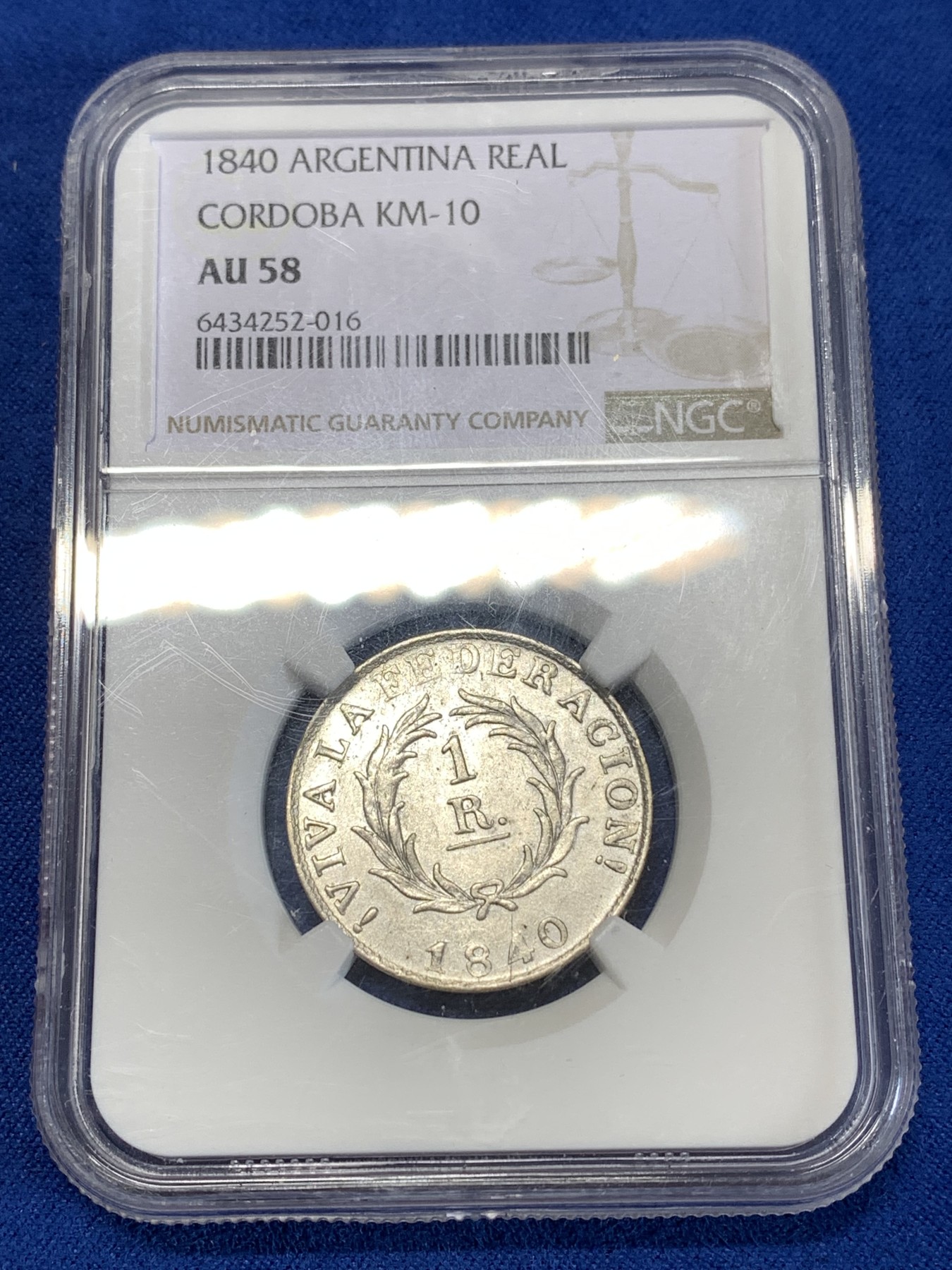 《竞宝斋》第263场-周日，周一 2场连拍 (全场包邮) NGC AU58 阿根廷 1840年科多巴 1里亚尔银币 少见的南美品种，设计质朴独特