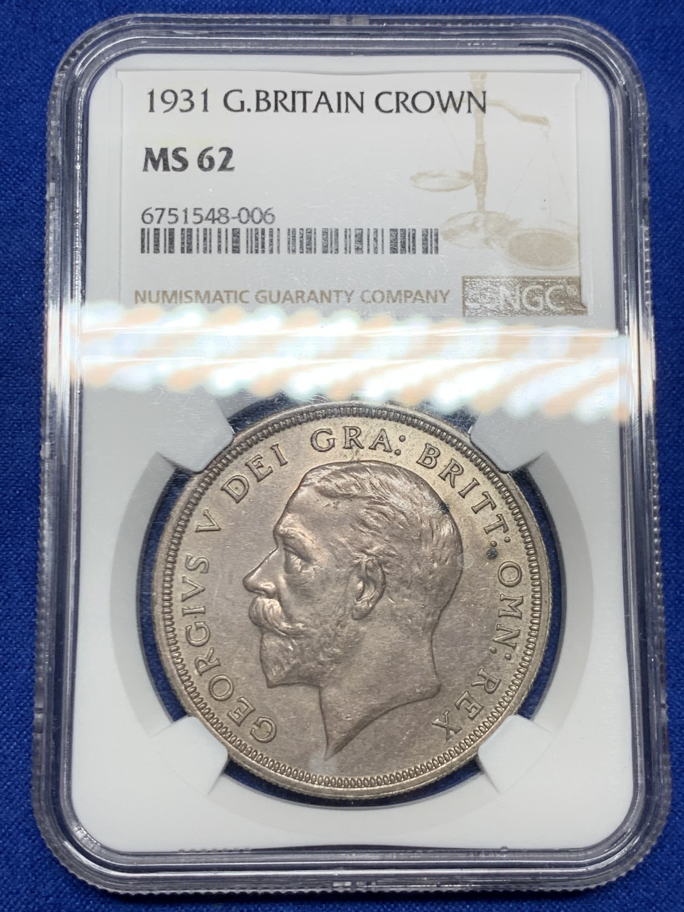 《竞宝斋》第263场-周日，周一 2场连拍 (全场包邮) NGC MS62 英国 1931年 乔治五世花冠 克朗 银币