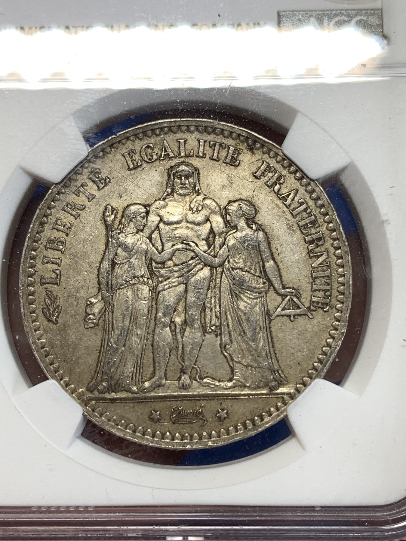 《竞宝斋》第263场-周日，周一 2场连拍 (全场包邮) NGC AU53 法国1877年 大力神 5法郎大银币