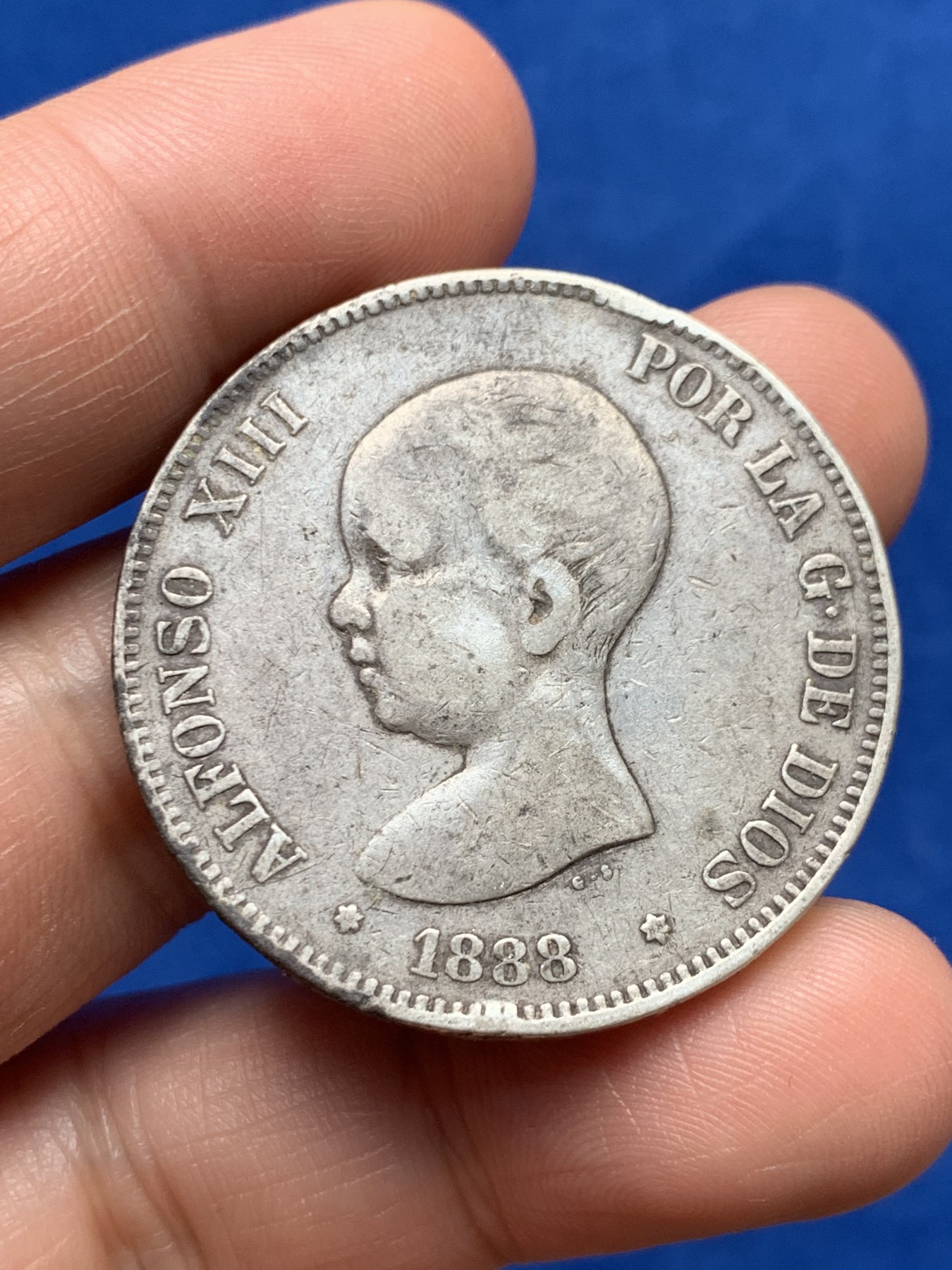 《竞宝斋》第263场-周日，周一 2场连拍 (全场包邮) 1888年 阿方索十三世5比塞塔银币 娃娃头 原味 细节见图