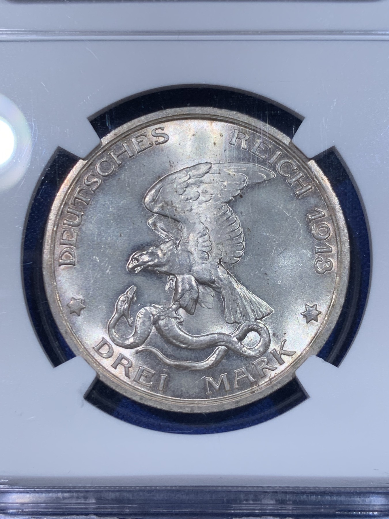 《竞宝斋》第263场-周日，周一 2场连拍 (全场包邮) NGC MS64 德国 1913年 战胜拿破仑3马克银币 十字转光强烈