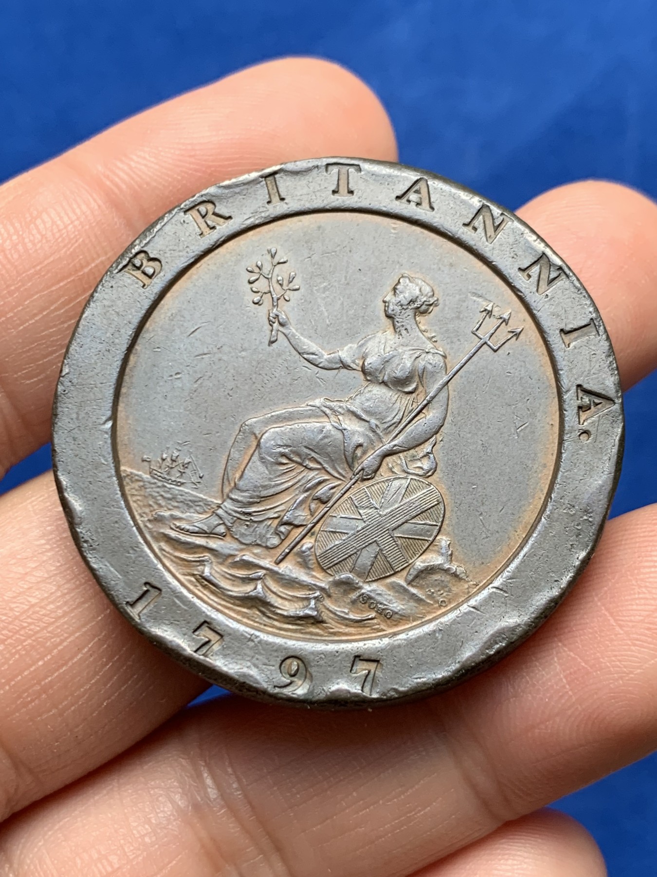 《竞宝斋》第263场-周日，周一 2场连拍 (全场包邮) 1797年 英国车轮两便士铜币 细节清晰 SOHO造币厂经典品种 世界上第一批蒸汽机铸币