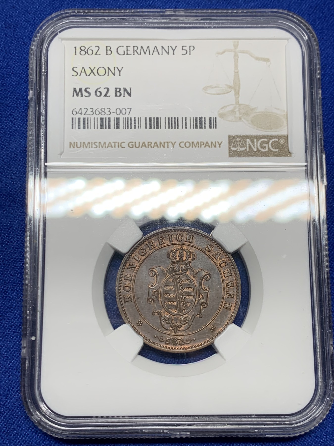 《竞宝斋》第263场-周日，周一 2场连拍 (全场包邮) NGC MS62BN 德国萨克森1862年5芬尼 低评